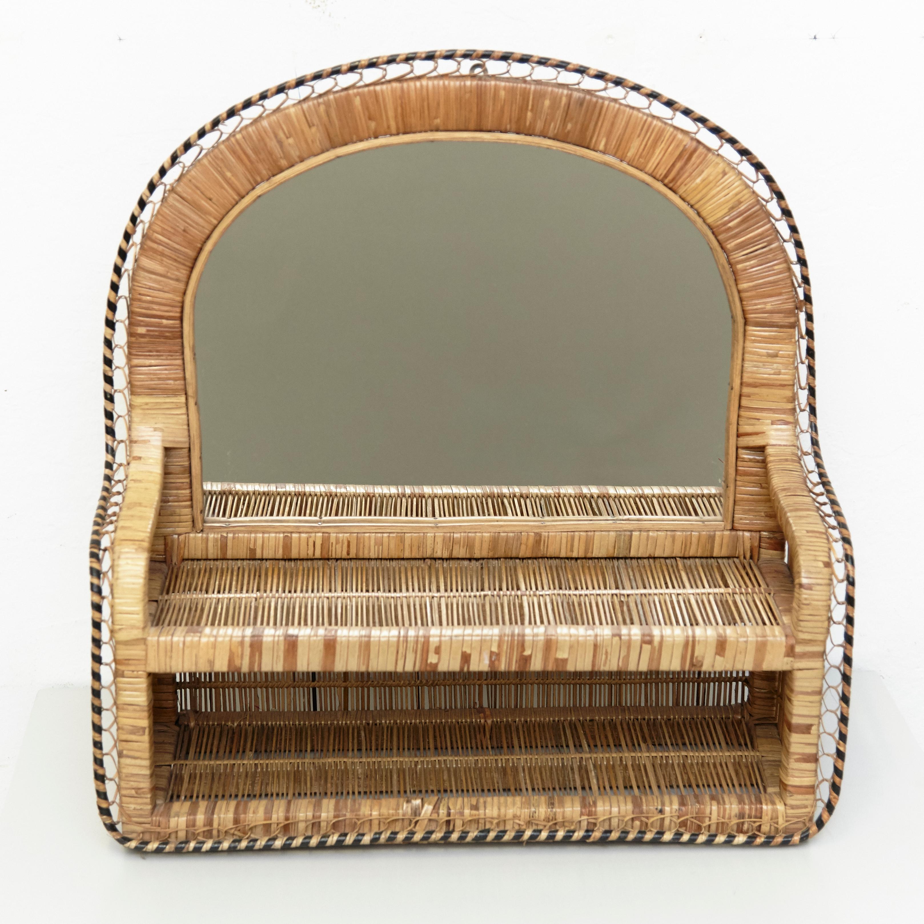 Spanish Mid-Century Modern Mirror Rattan Handcrafted French Riviera, circa 1960