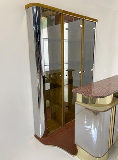 Mid-Century Modern Mirror Suede and Metal Bar with Red Marble Top, Italy, 1970s