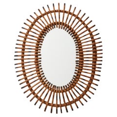 Espejo moderno de mediados de siglo Bambú ratán Sunburst Hecho a mano, hacia 1960