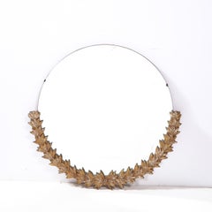Mid-Century Modern Mirror with Stylized Bronze Foliate Laurel Detailing