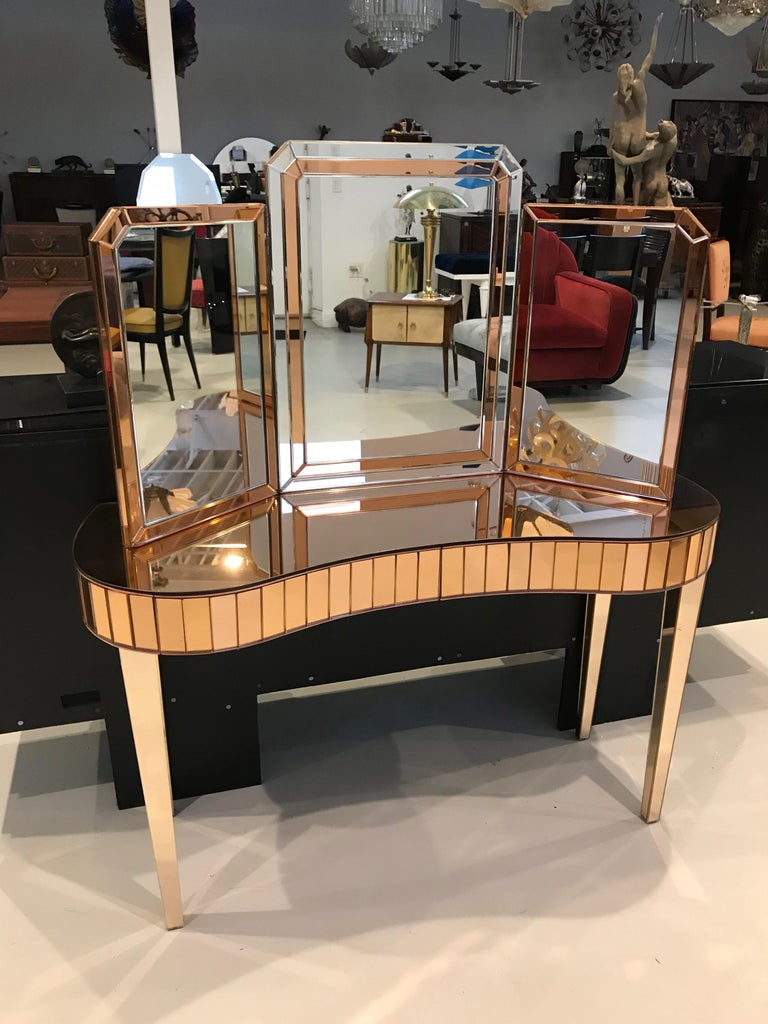 Mid-Century Modern Mirrored Vanity with Matching Mirror at 1stDibs