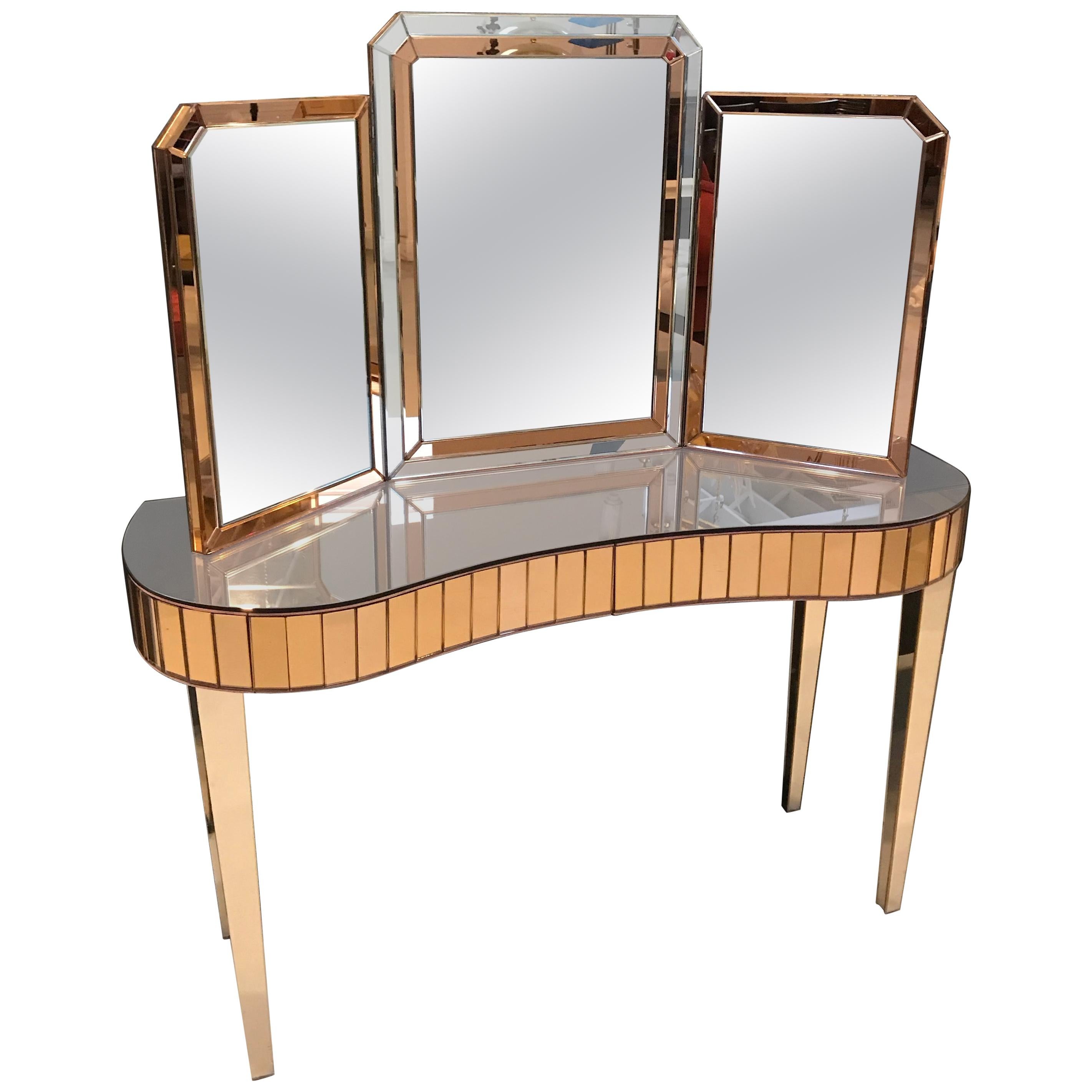 Mid-Century Modern Mirrored Vanity with Matching Mirror