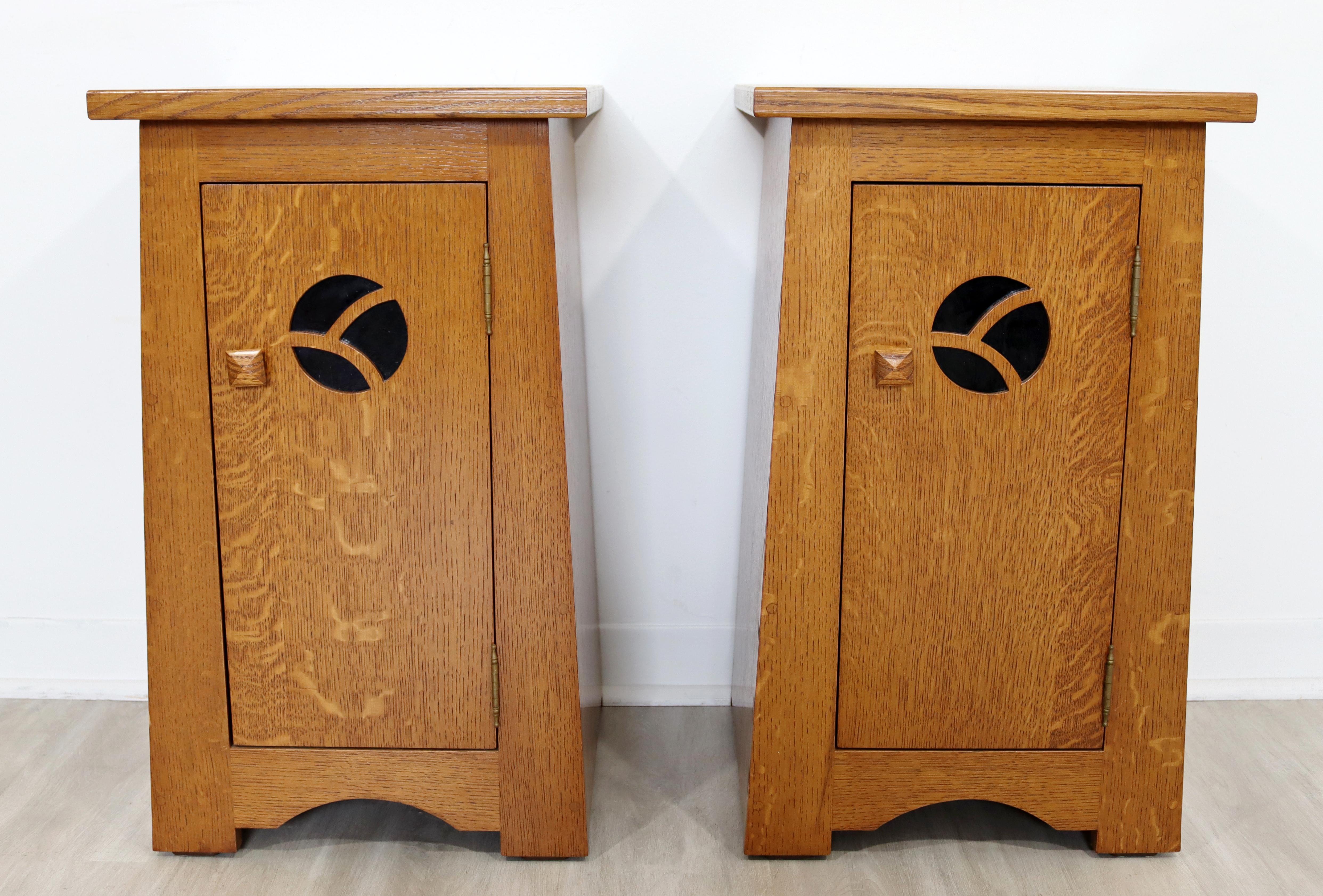 For your consideration is a stunning pair of Mission style side tables or nightstands, with inner compartments, circa the 1970s. In excellent vintage condition. The dimensions are 16