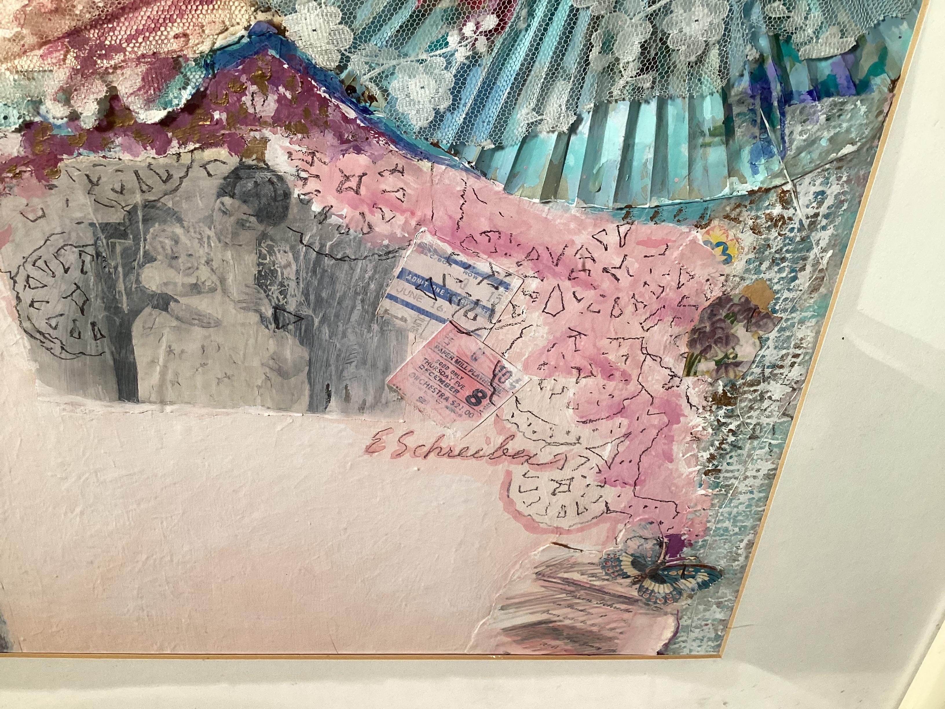 Mid Century Modern Mixed media Painting Collage Romantic by Eileen Schreiber Bon état - En vente à Lambertville, NJ