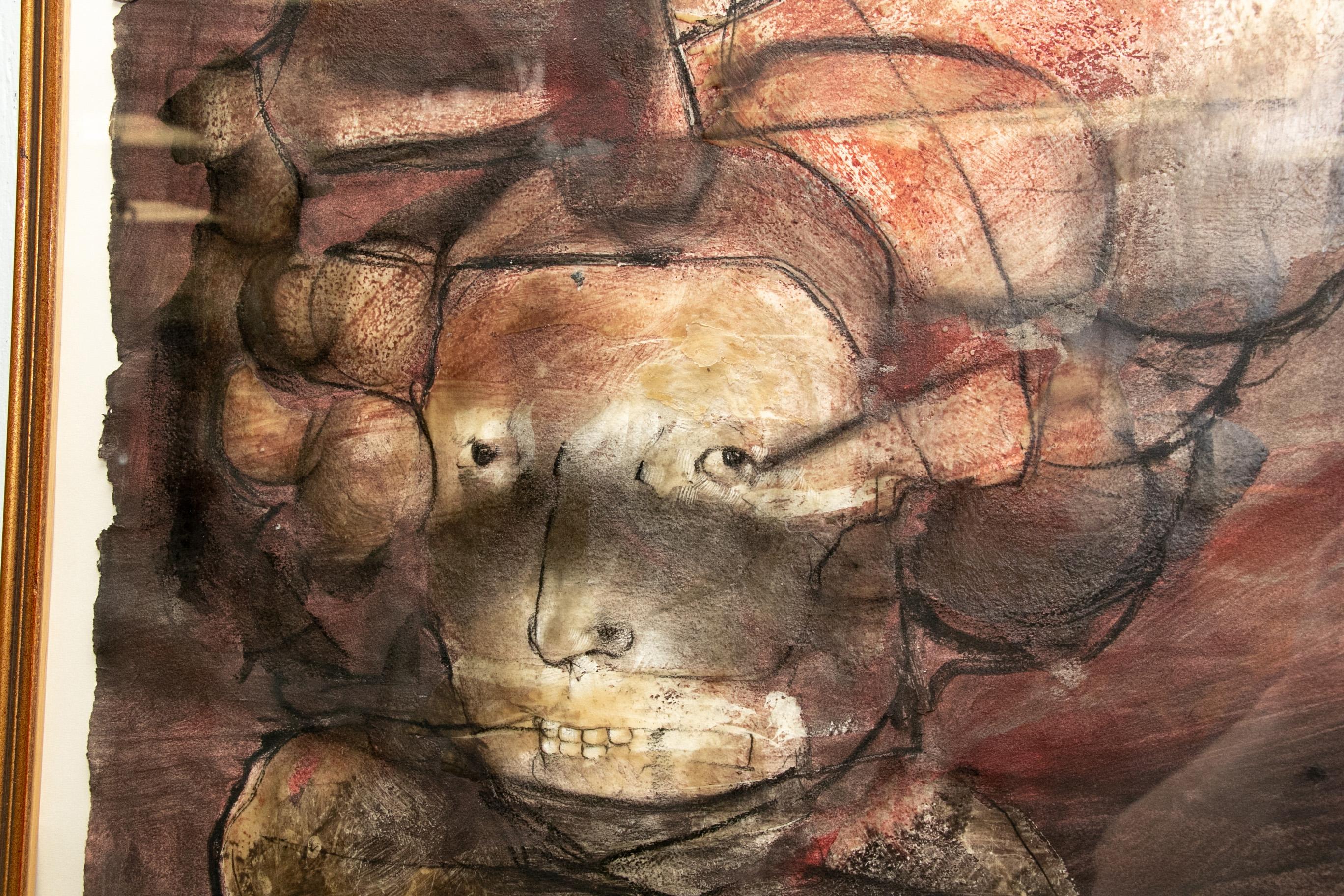 Mid-century modern mixed media on paper depicting bust portrait of what appears to be an Aztec mummy in red, grey and black palette, pencil signed “Belboin” and dated 1972 in lower-right, floating mount behind glass in contemporary frame with