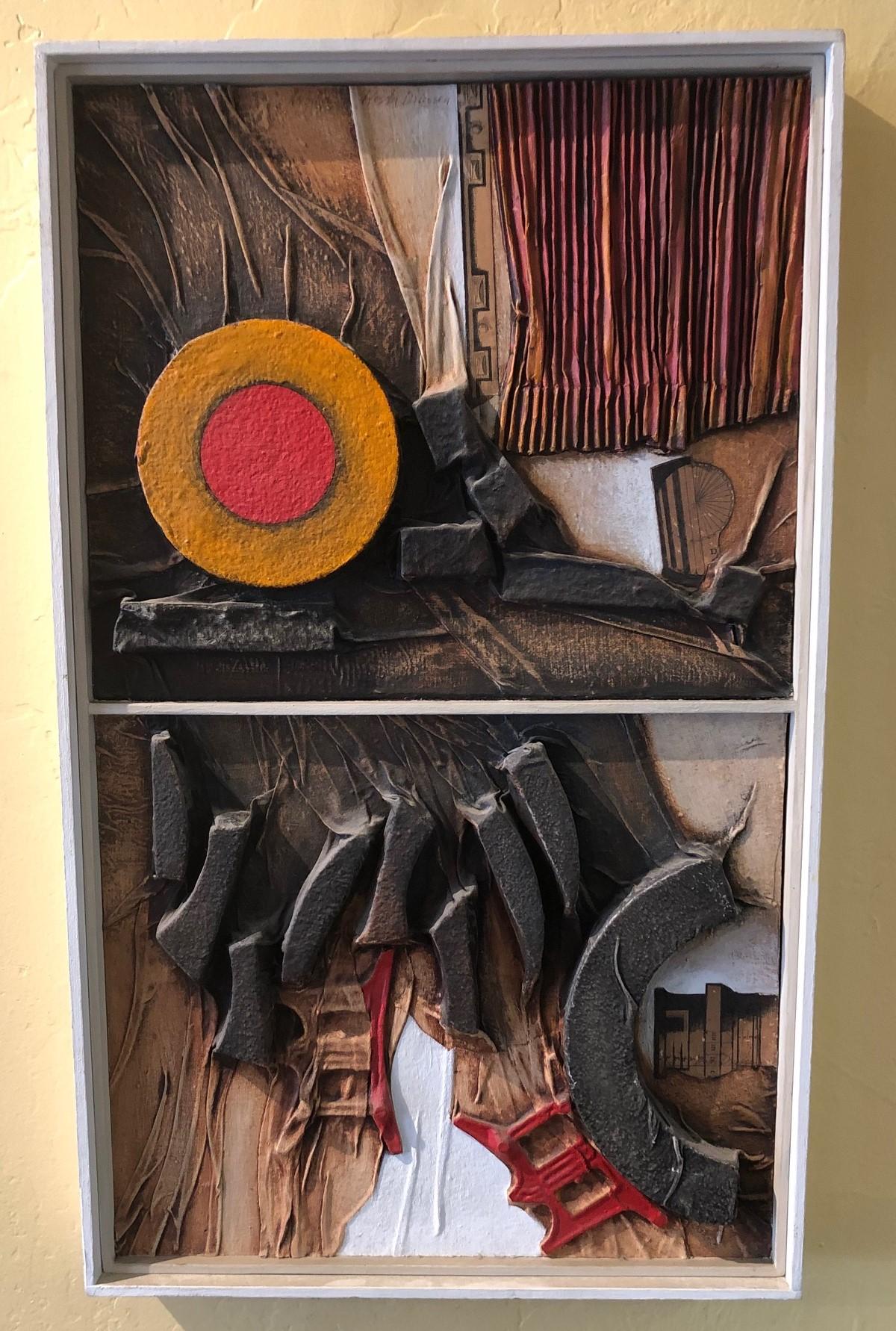 MCM mixed media three dimensional abstract by Angela Kosta, circa 1960s. Framed and mounted on plywood measuring 15.5