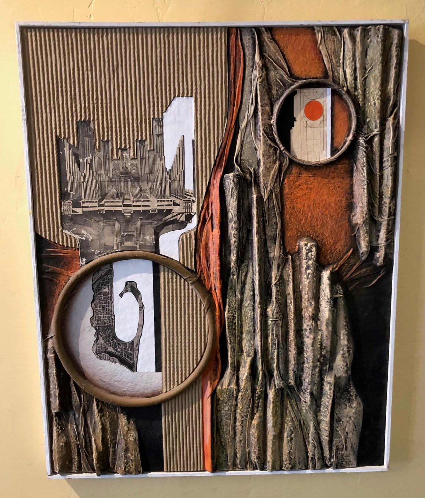 MCM mixed-media three dimensional abstract by Angela Kosta, circa 1960s. Framed and mounted on plywood measuring 24.25