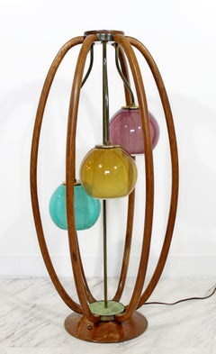 Mid-Century Modern Modeline Caged Wood Table Lamp with Colored Glass 3 Heads