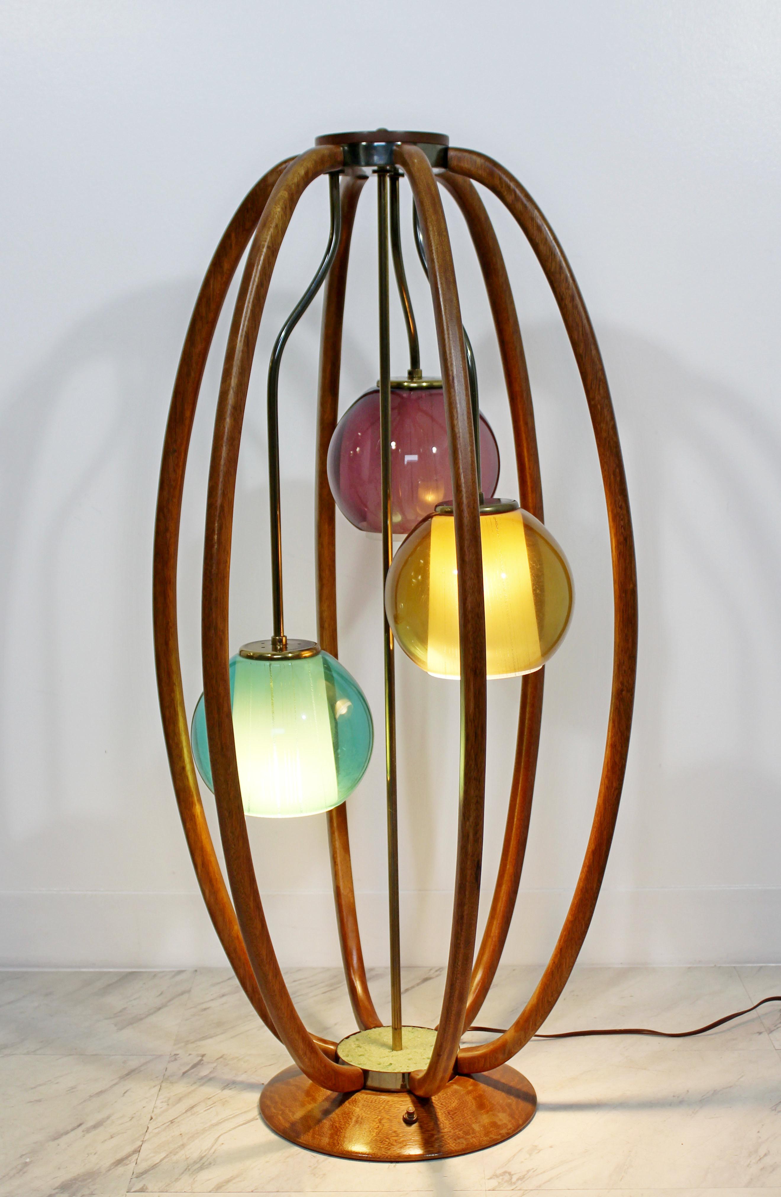 American Mid-Century Modern Modeline Caged Wood Table Lamp with Colored Glass 3 Heads