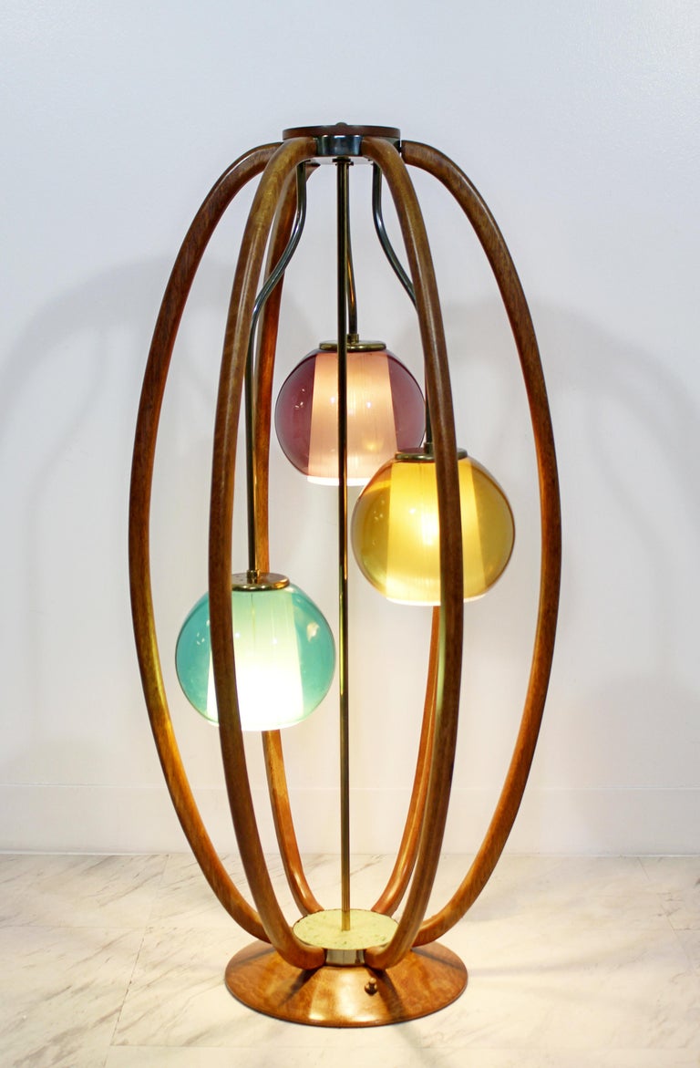 MidCentury Modern Modeline Caged Wood Table Lamp with Colored Glass 3 Heads at 1stDibs