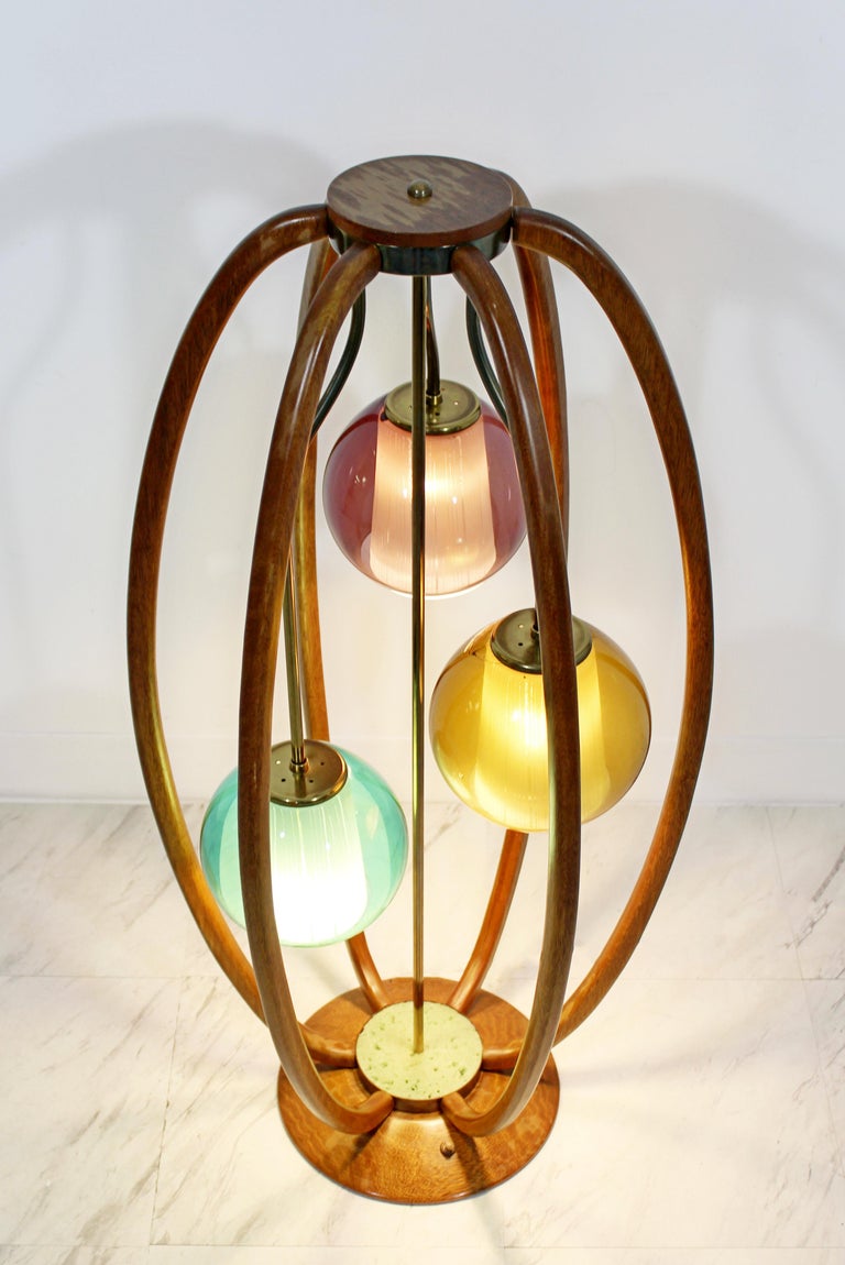 MidCentury Modern Modeline Caged Wood Table Lamp with Colored Glass 3