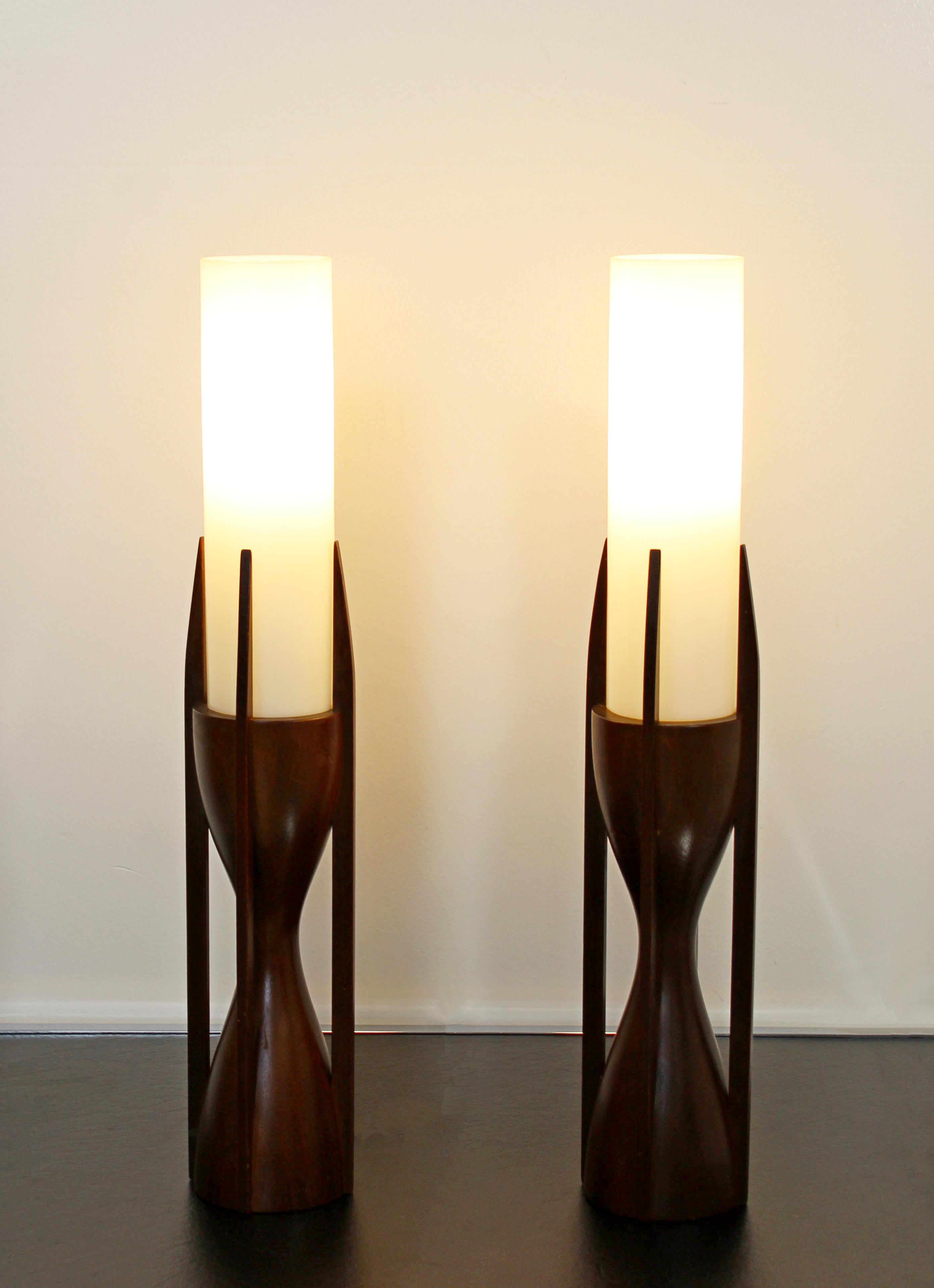 American Mid-Century Modern Modeline Pair Sculptural Mahogany Opaline Glass Table Lamps