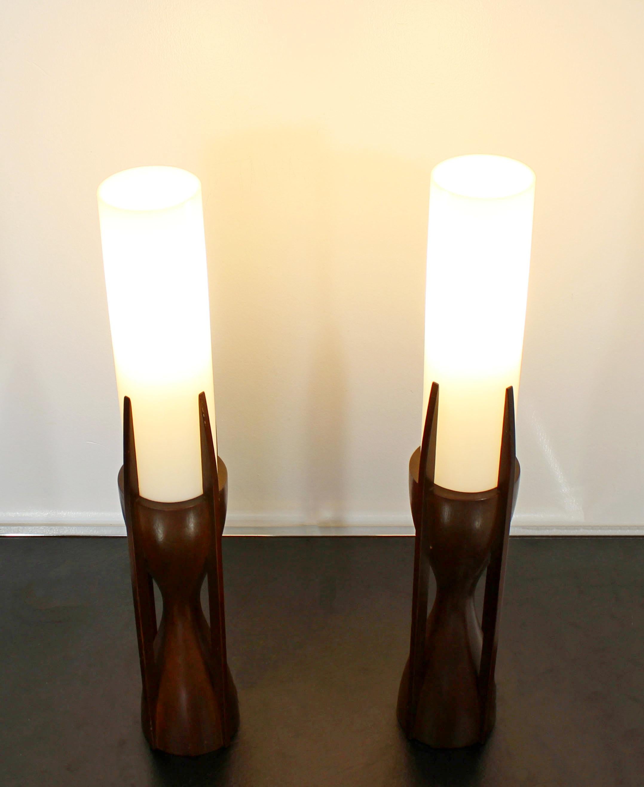 Mid-20th Century Mid-Century Modern Modeline Pair Sculptural Mahogany Opaline Glass Table Lamps