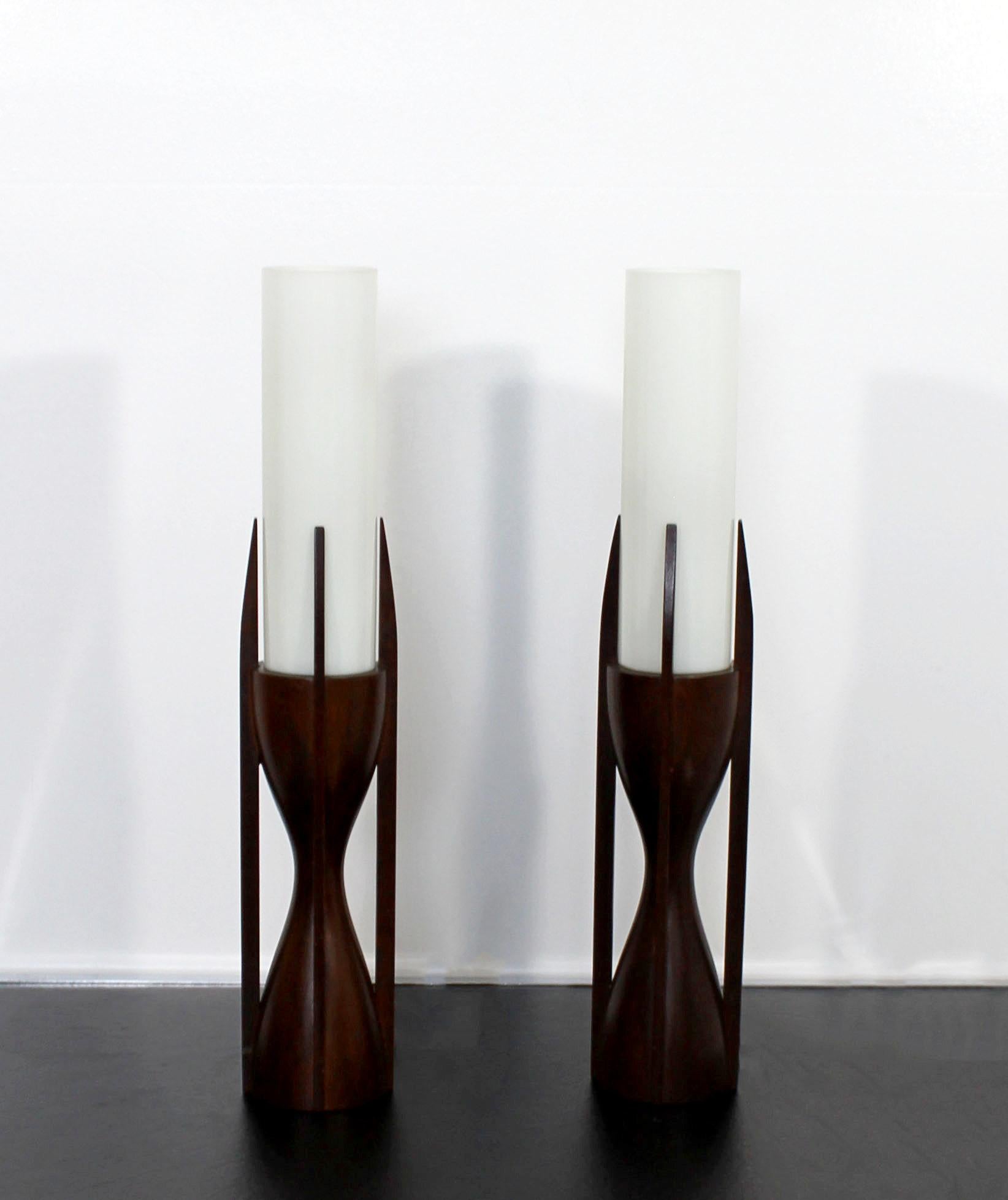 Mid-Century Modern Modeline Pair Sculptural Mahogany Opaline Glass Table Lamps 1