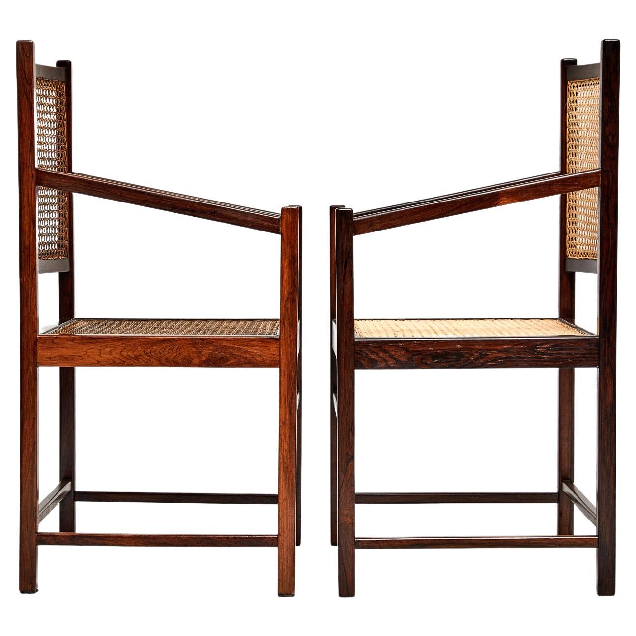 Pareja de Sillones Modernos de Mitad de Siglo en Madera Dura y Caña, Brasil, años 60 siglo XX en venta
