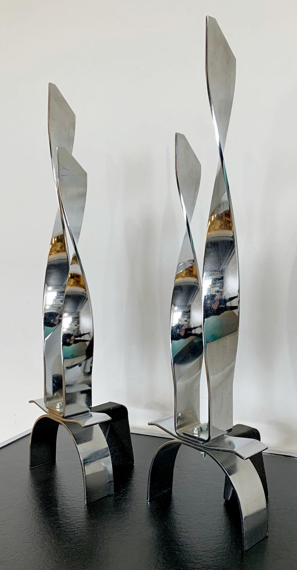 Mid-Century Modern Modernist Pair of Chrome Polished Steel Andirons 1980s Japan 5
