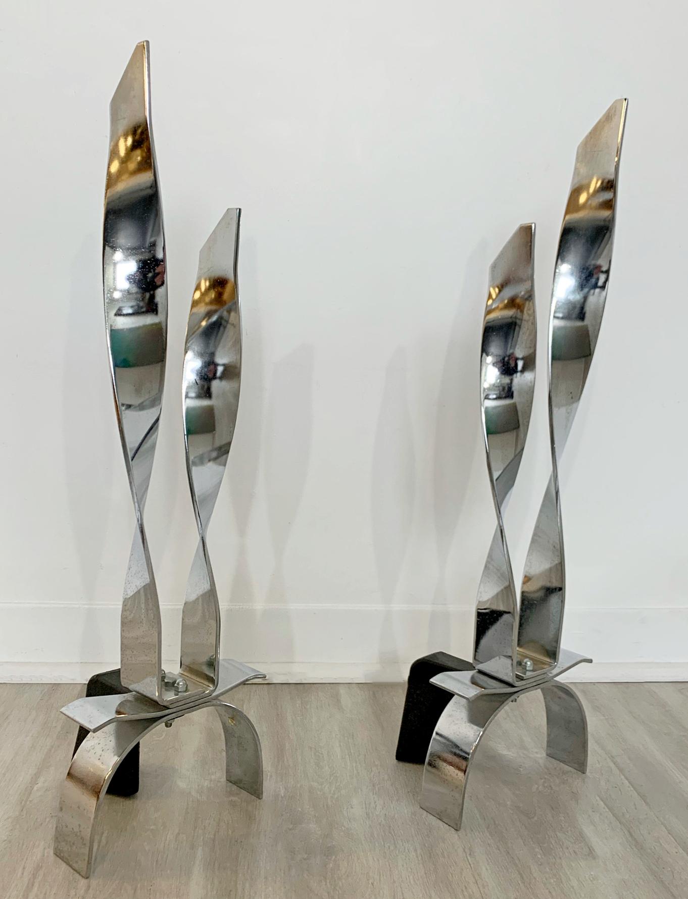 Mid-Century Modern Modernist Pair of Chrome Polished Steel Andirons 1980s Japan In Good Condition In Keego Harbor, MI