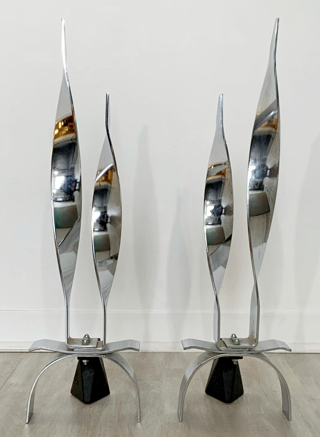 Late 20th Century Mid-Century Modern Modernist Pair of Chrome Polished Steel Andirons 1980s Japan