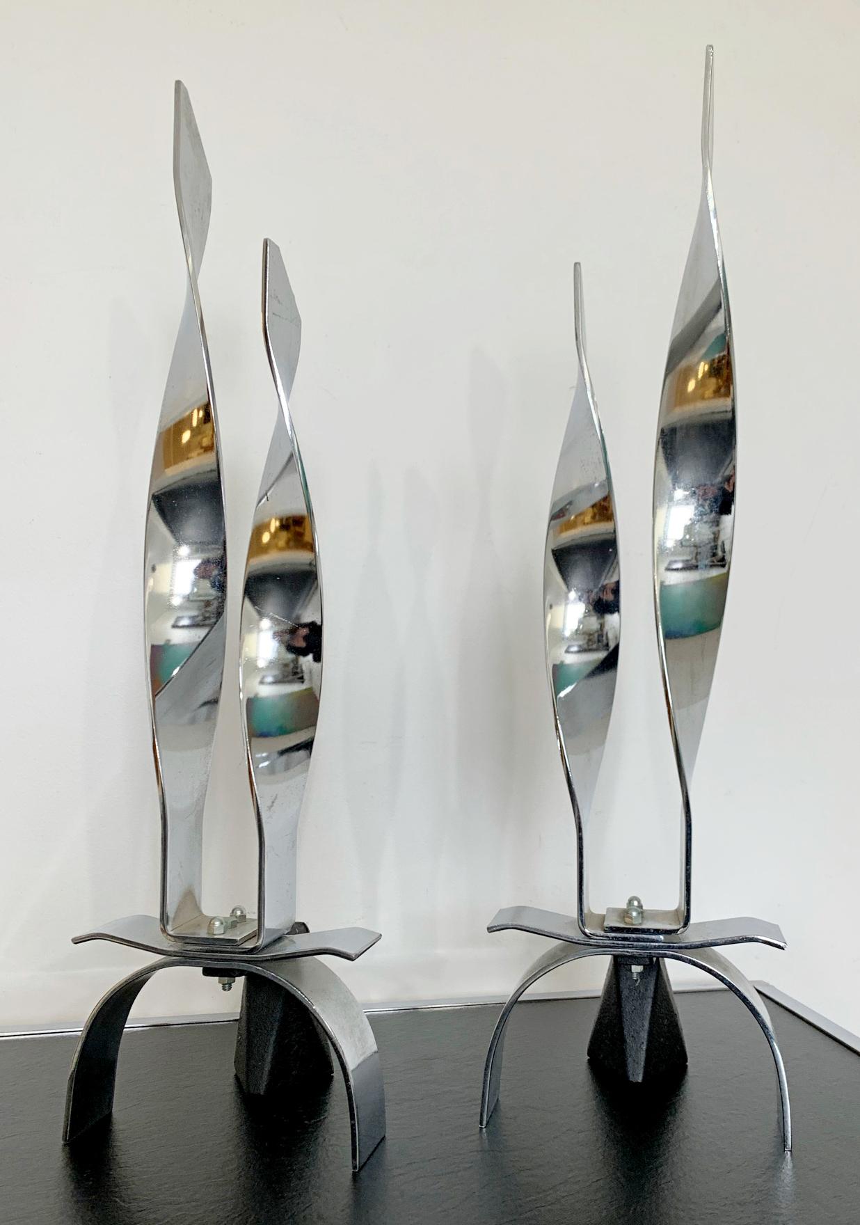 Mid-Century Modern Modernist Pair of Chrome Polished Steel Andirons 1980s Japan 4
