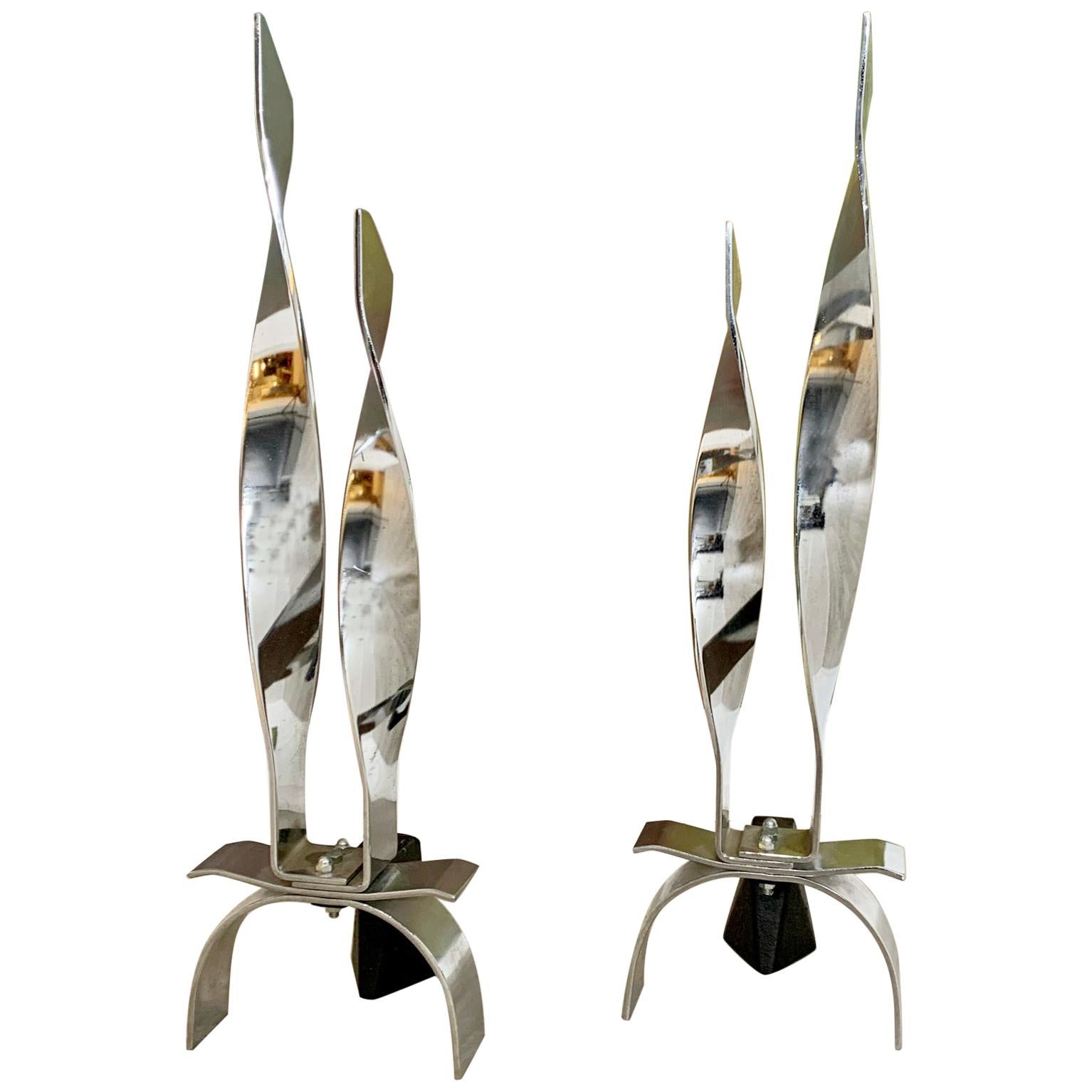 Mid-Century Modern Modernist Pair of Chrome Polished Steel Andirons 1980s Japan