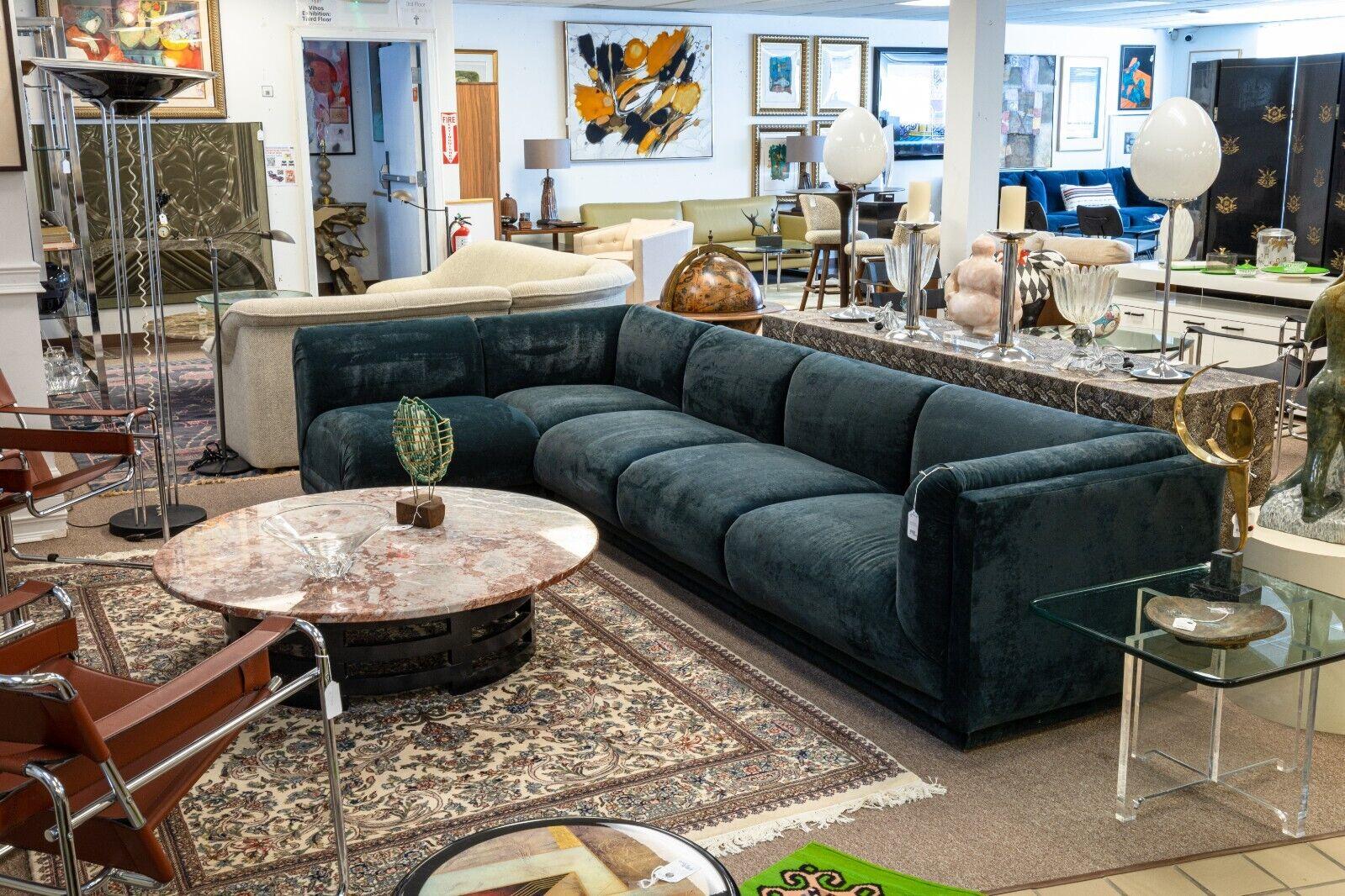 Mid-Century Modern Modular Blue Green Crushed Velvet Sofa 3 Piece Sectional 7