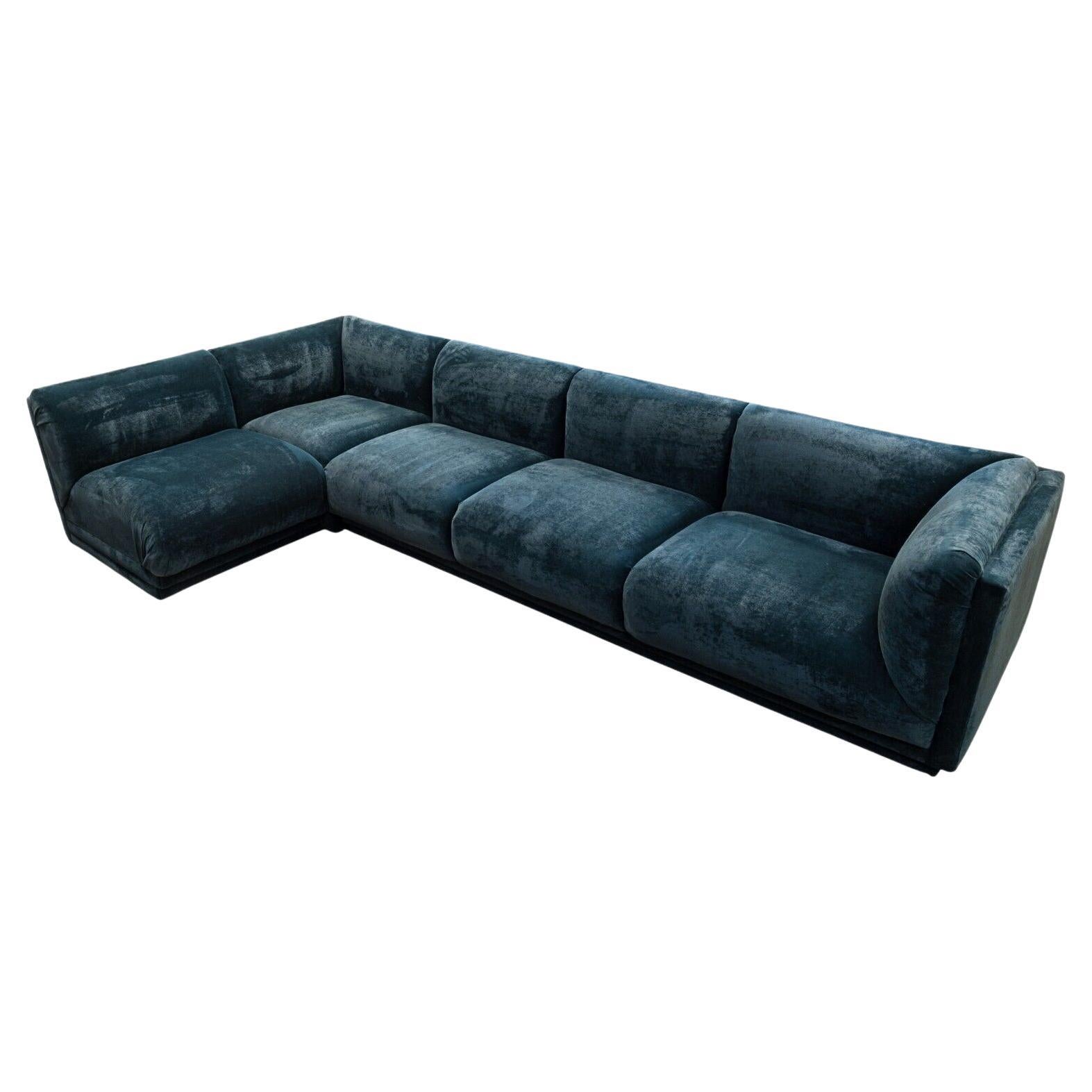 Mid-Century Modern Modular Blue Green Crushed Velvet Sofa 3 Piece Sectional