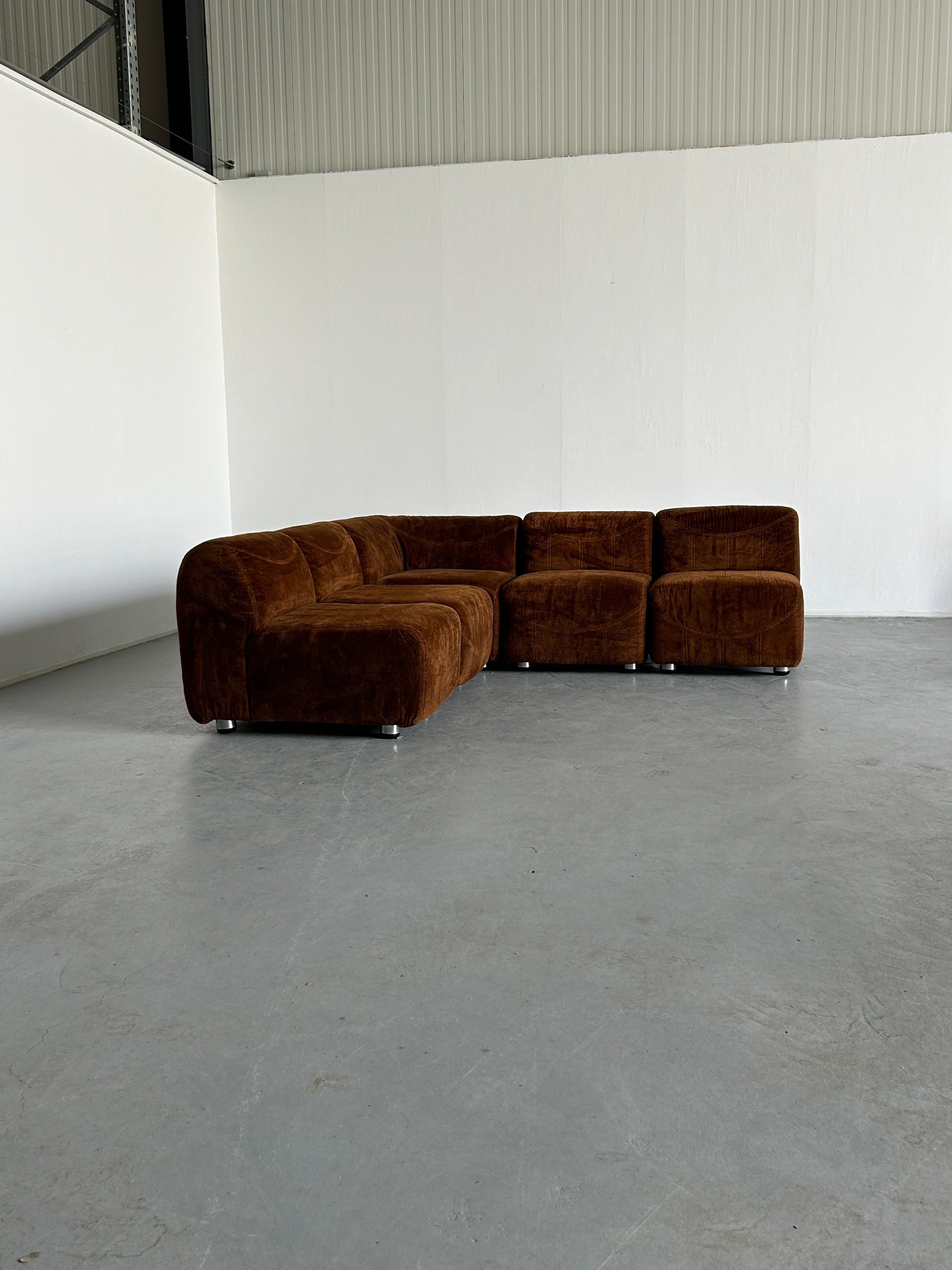 Italian Mid-Century Modern Modular Corner Sofa Brown Velvet Fabric, 1970s Italy