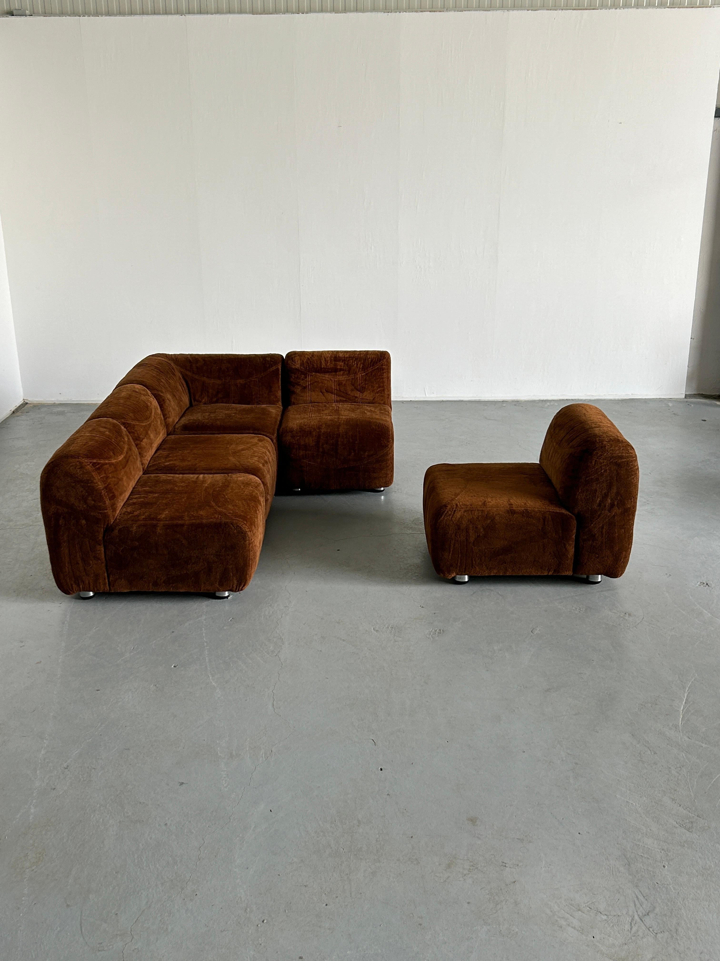 Metal Mid-Century Modern Modular Corner Sofa Brown Velvet Fabric, 1970s Italy