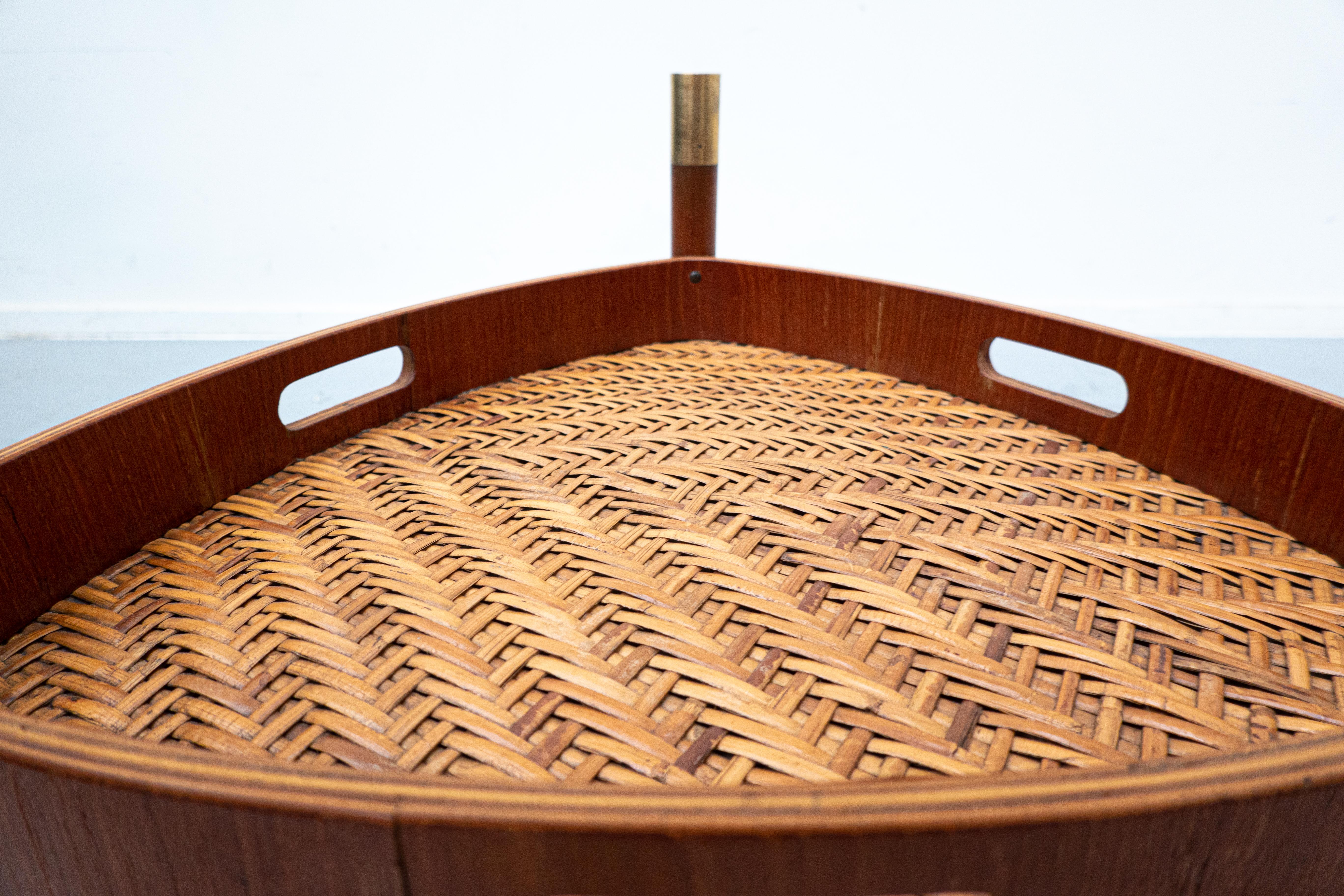 Mid-Century Modern Modular Italian Trolley Side Table, Teak and Rattan, 1960s 6