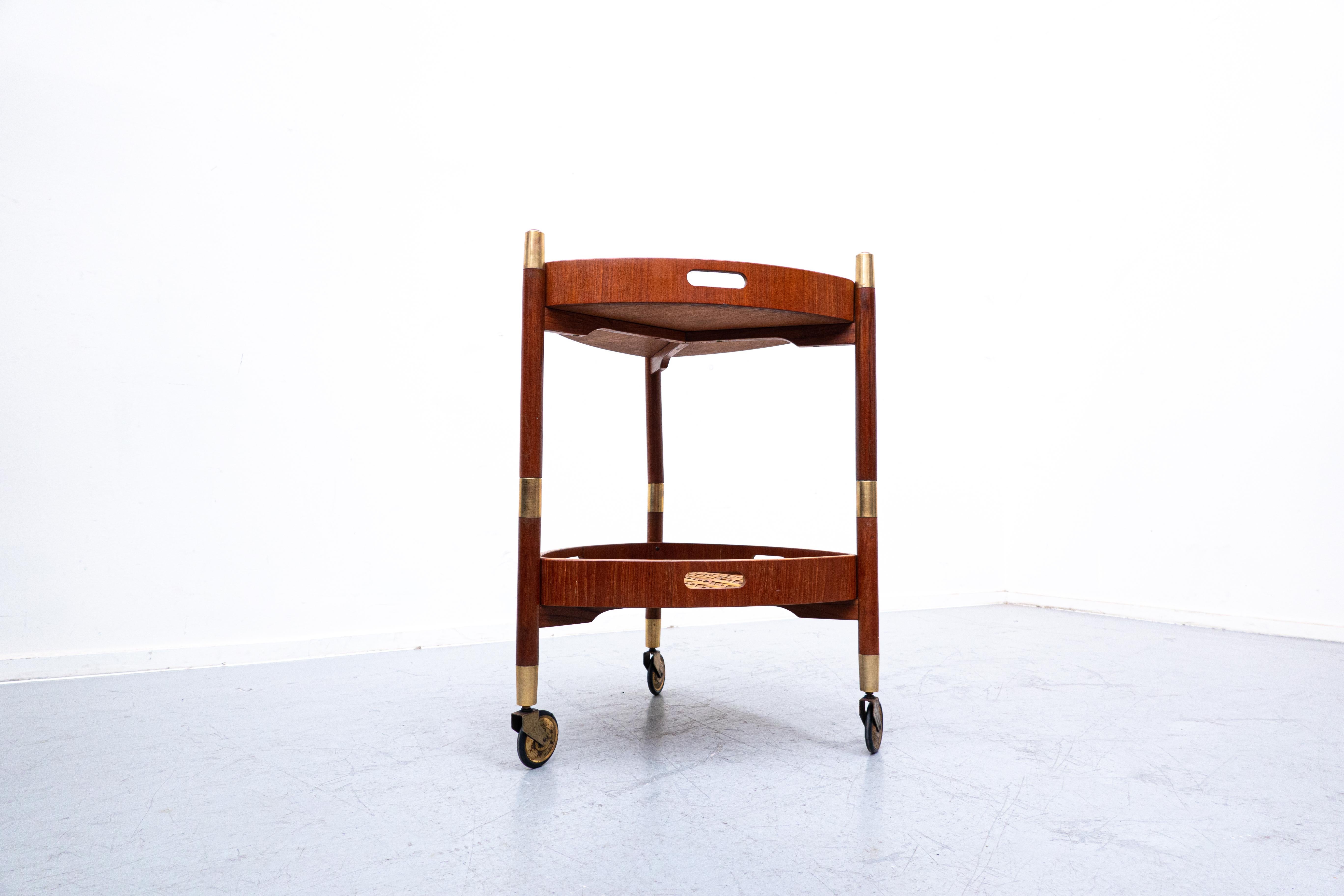 Mid-Century Modern Modular Italian Trolley Side Table, Teak and Rattan, 1960s 4