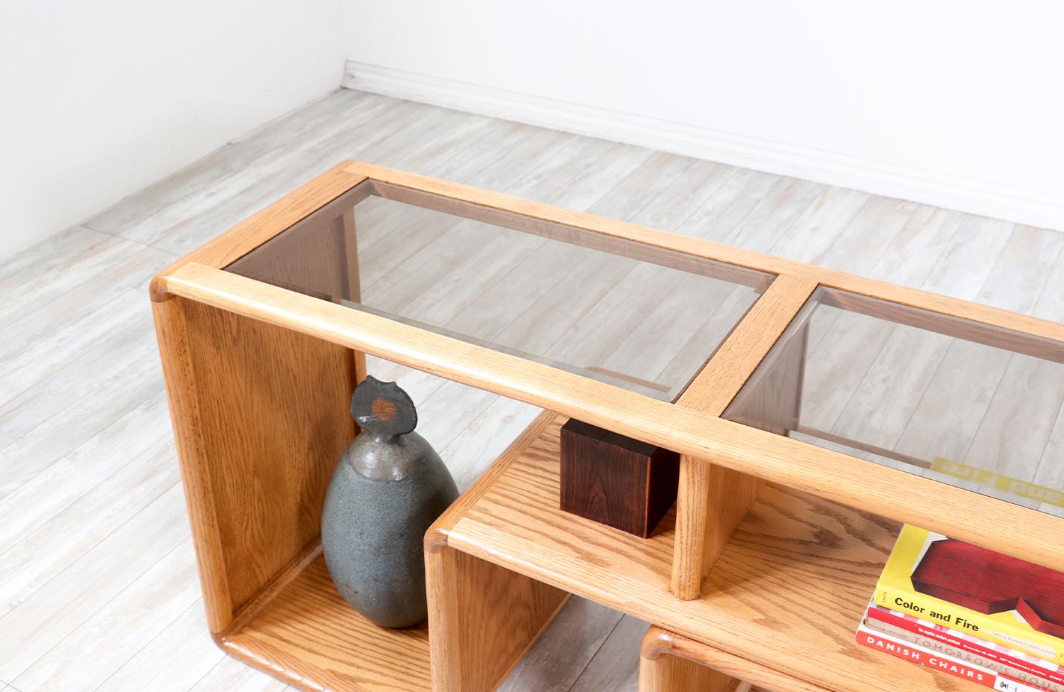 Mid-Century Modern Modular Oak & Glass Bookshelves  3