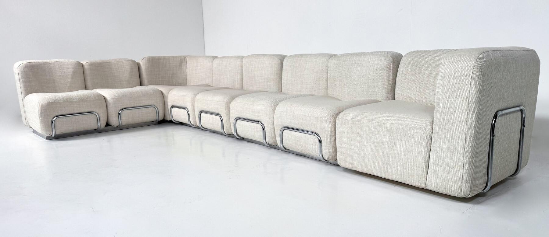 Italian Mid-Century Modern Modular Sofa, Fabric and Chrome, 1970s - New Upholstery For Sale