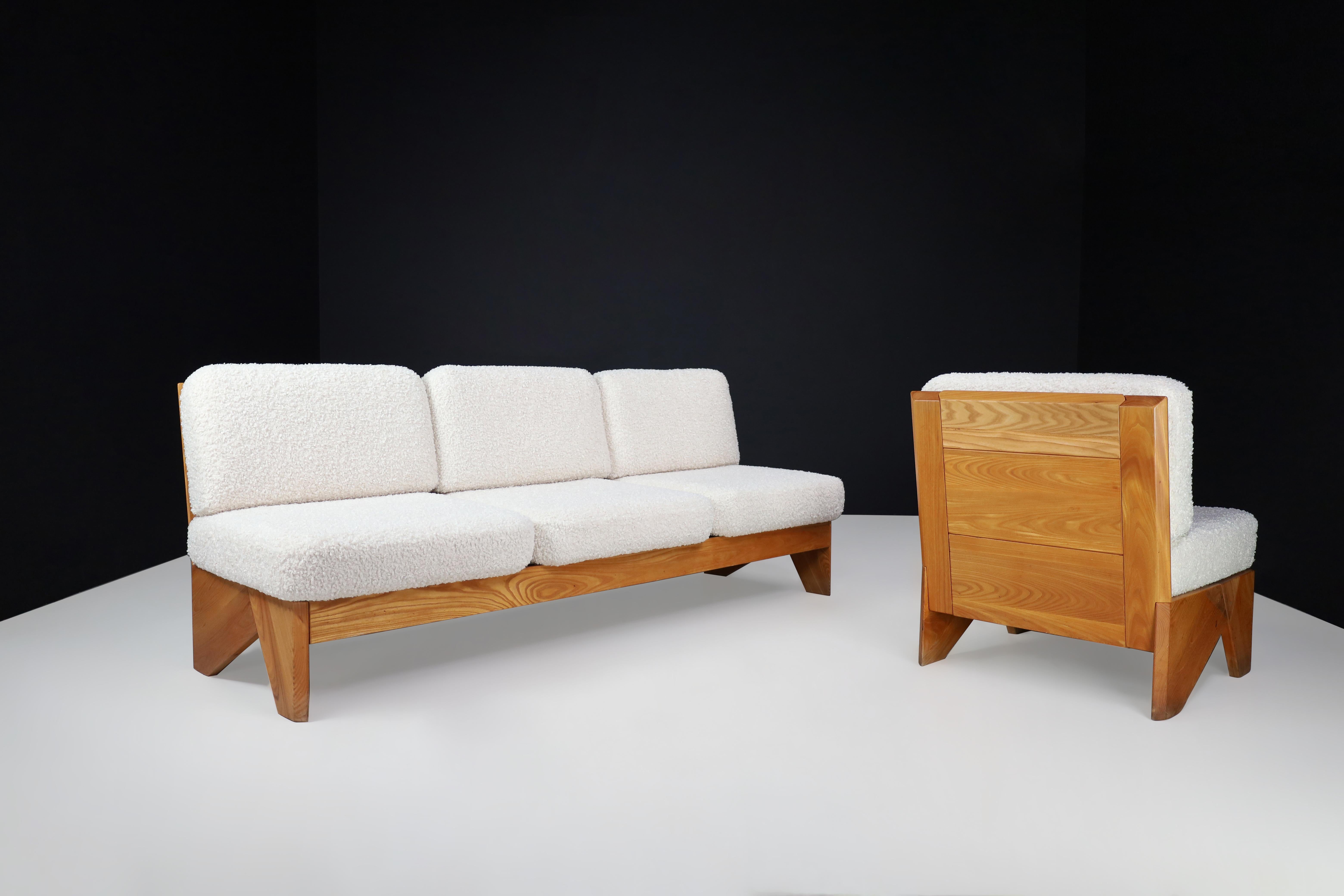 Mid-Century Modern Modular Sofa in Elmwood and Bouclé, France, 1970s For Sale 4
