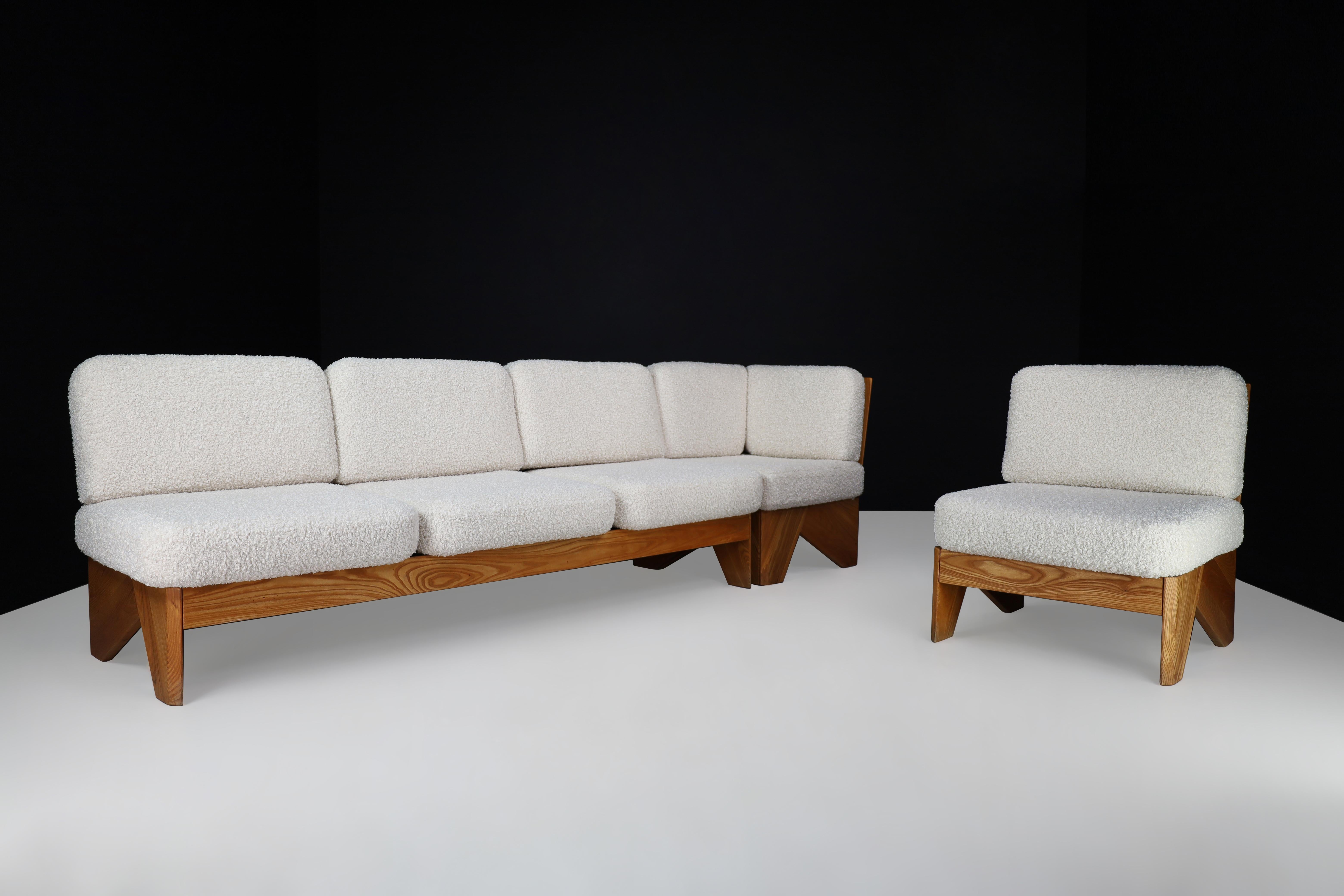 Mid-Century Modern Modular Sofa in Elmwood and Bouclé, France, 1970s For Sale 14