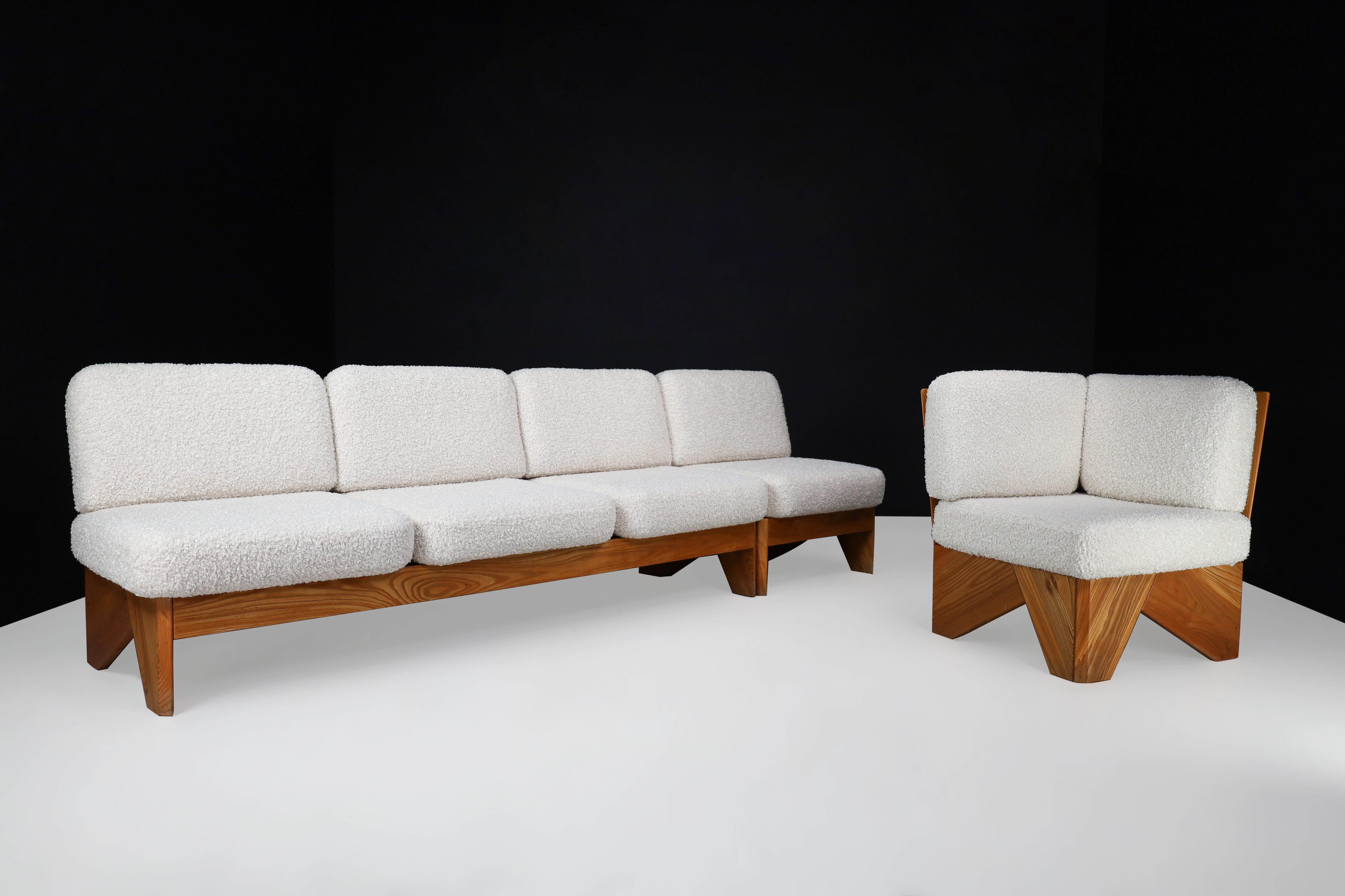 20th Century Mid-Century Modern Modular Sofa in Elmwood and Bouclé, France, 1970s For Sale