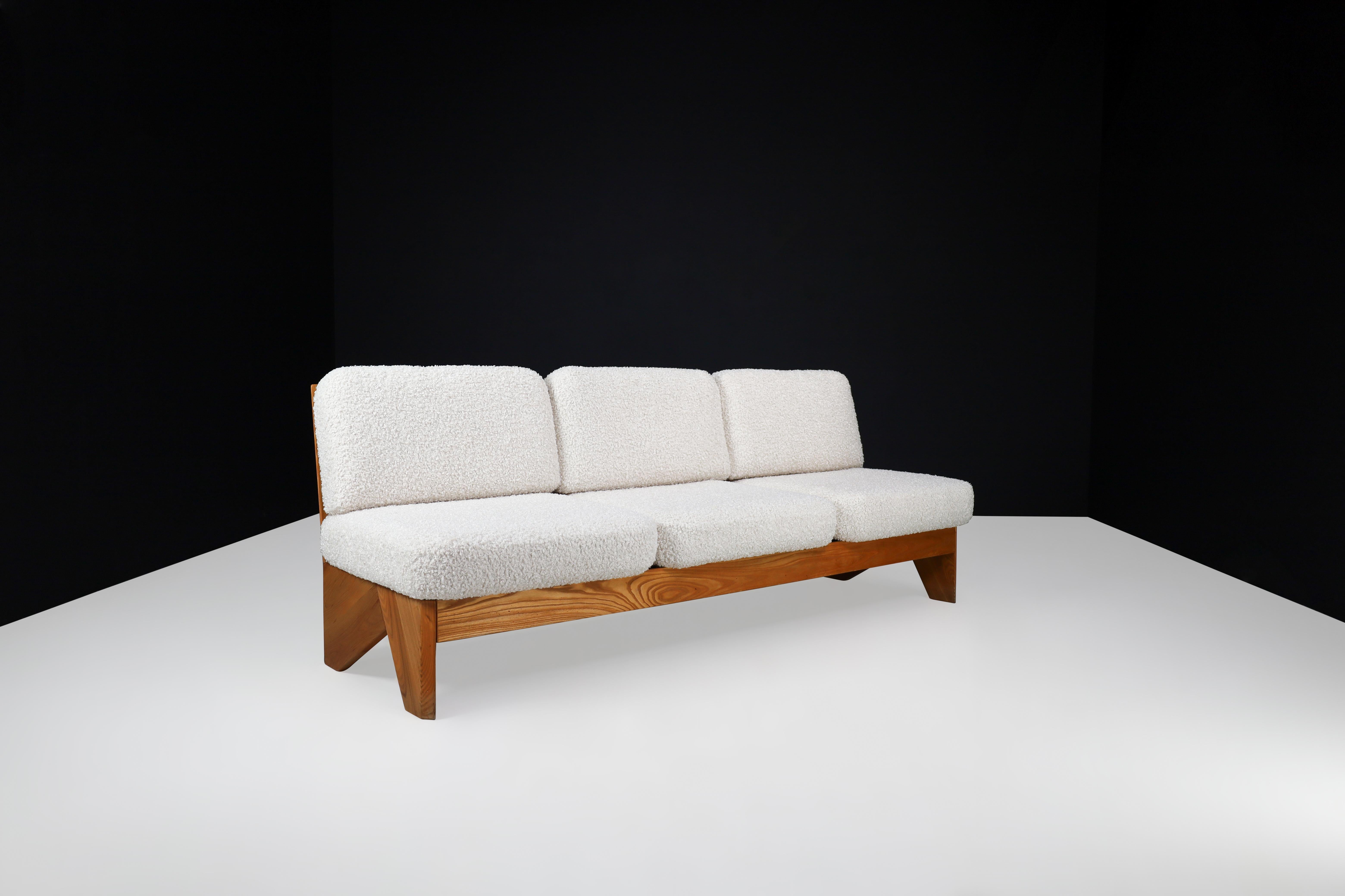 Upholstery Mid-Century Modern Modular Sofa in Elmwood and Bouclé, France, 1970s For Sale