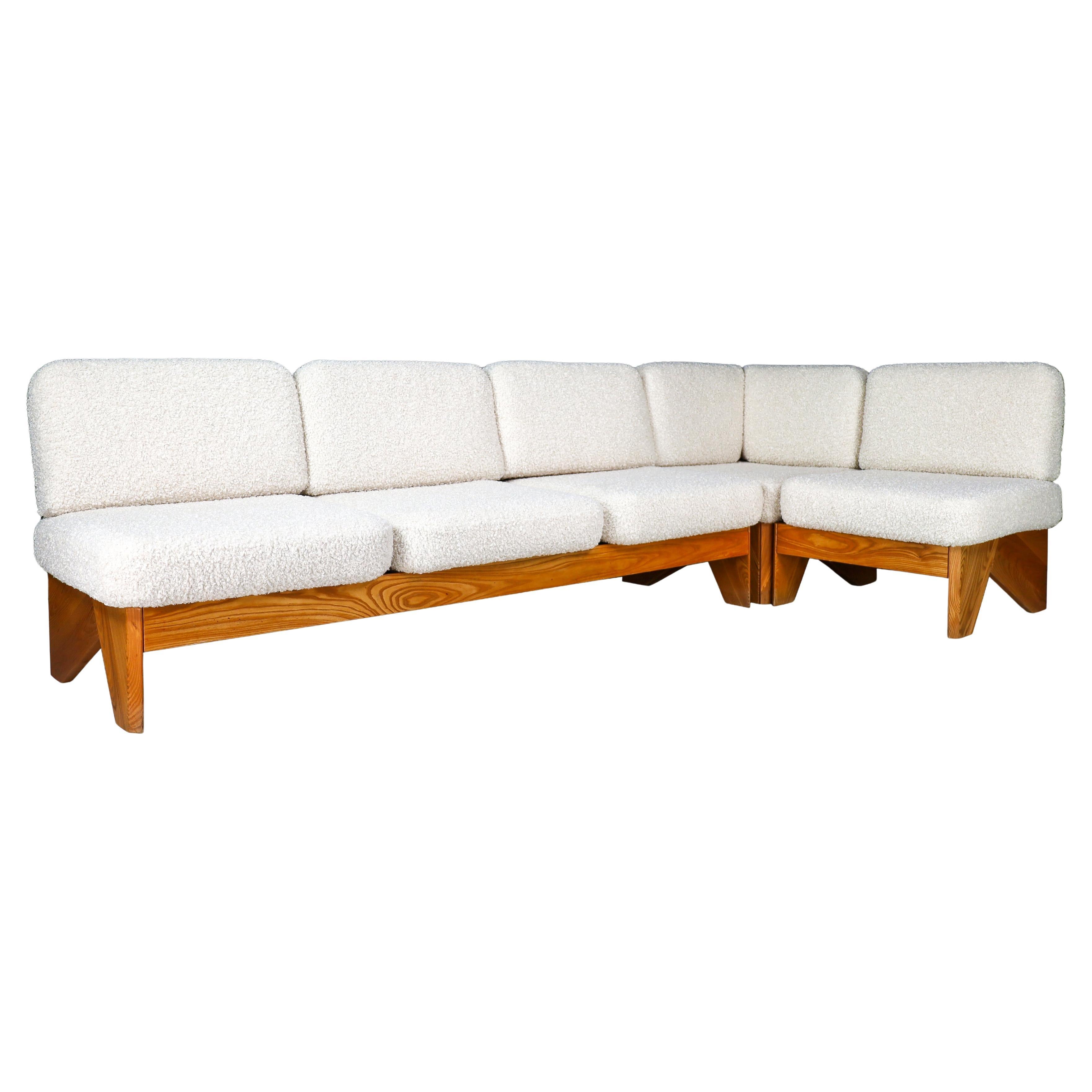 Mid-Century Modern Modular Sofa in Elmwood and Bouclé, France, 1970s