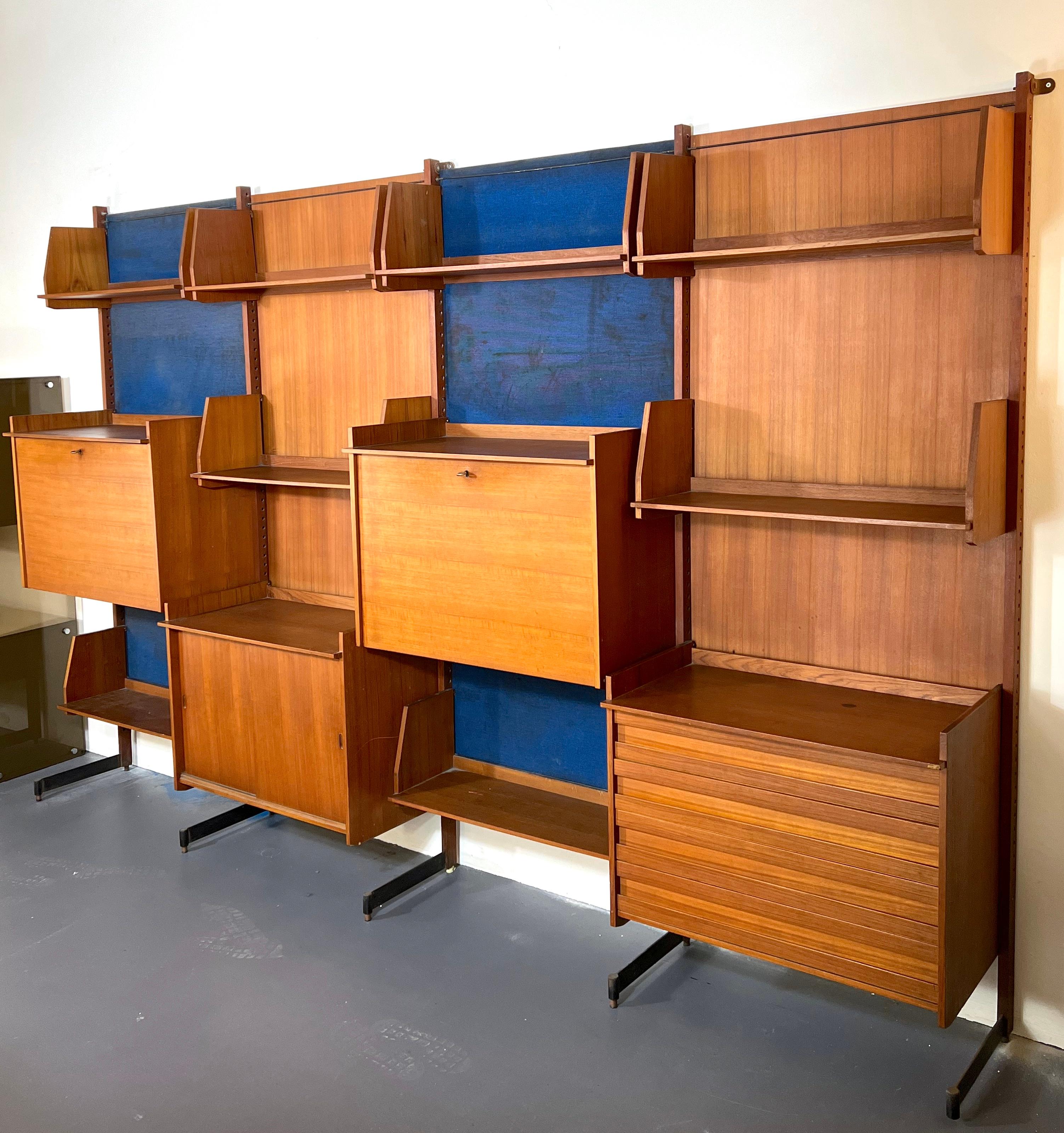 Brass Mid-Century Modern Modular Wood Bookcase from 50s For Sale