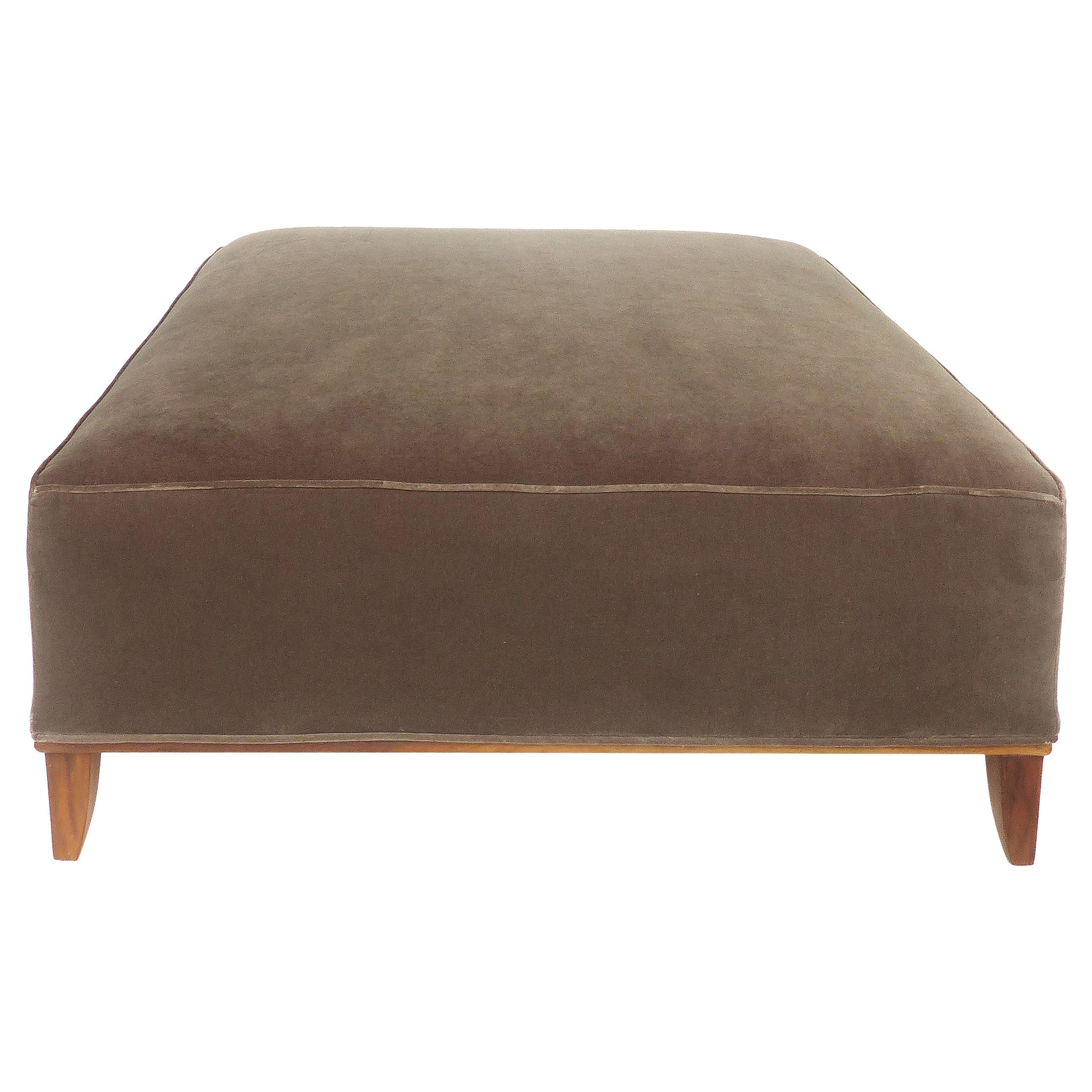 Mid-Century Modern Mohair Upholstered Ottoman with Wood Base