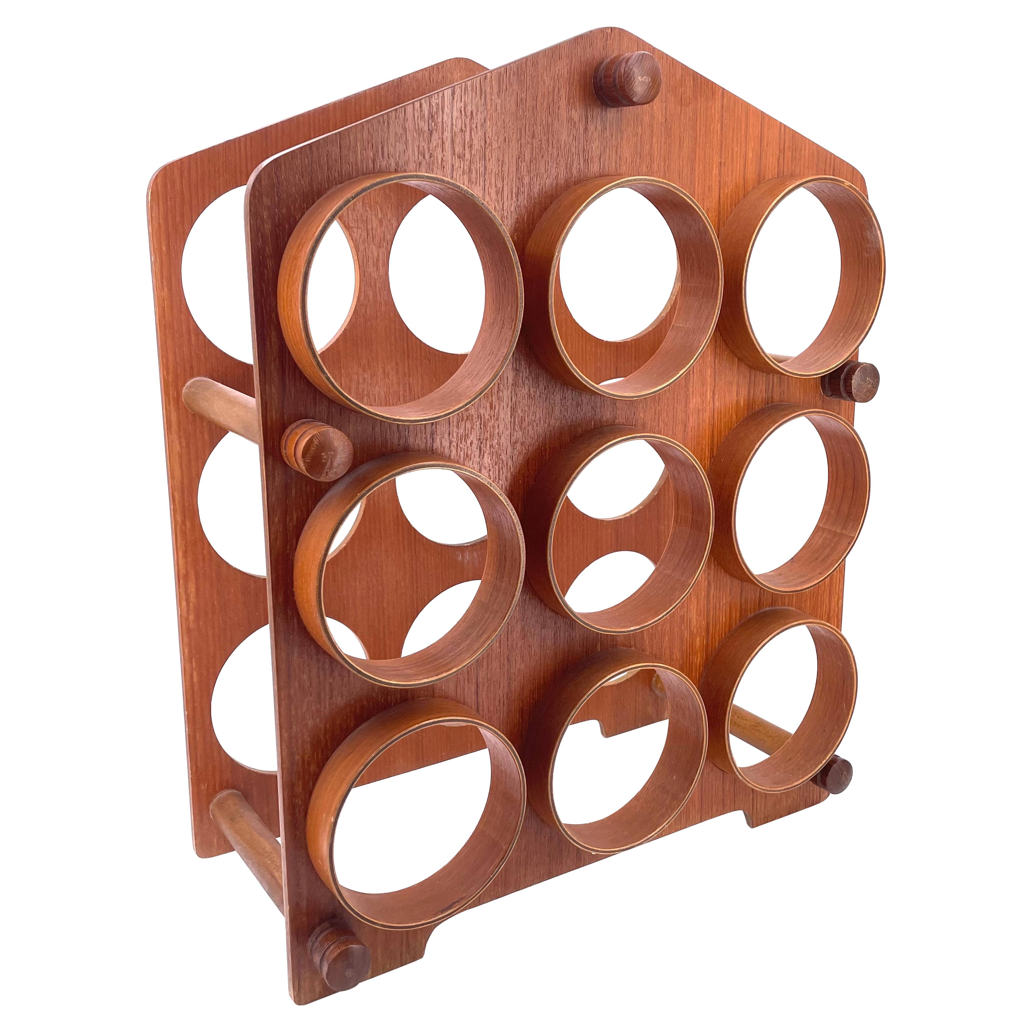 Mid-Century Modern Molded Teak Japanese 9 Bottle Capacity Wine Rack For Sale