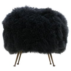 Mid-Century Modern Mongolian Goat Fur Italian Footstool