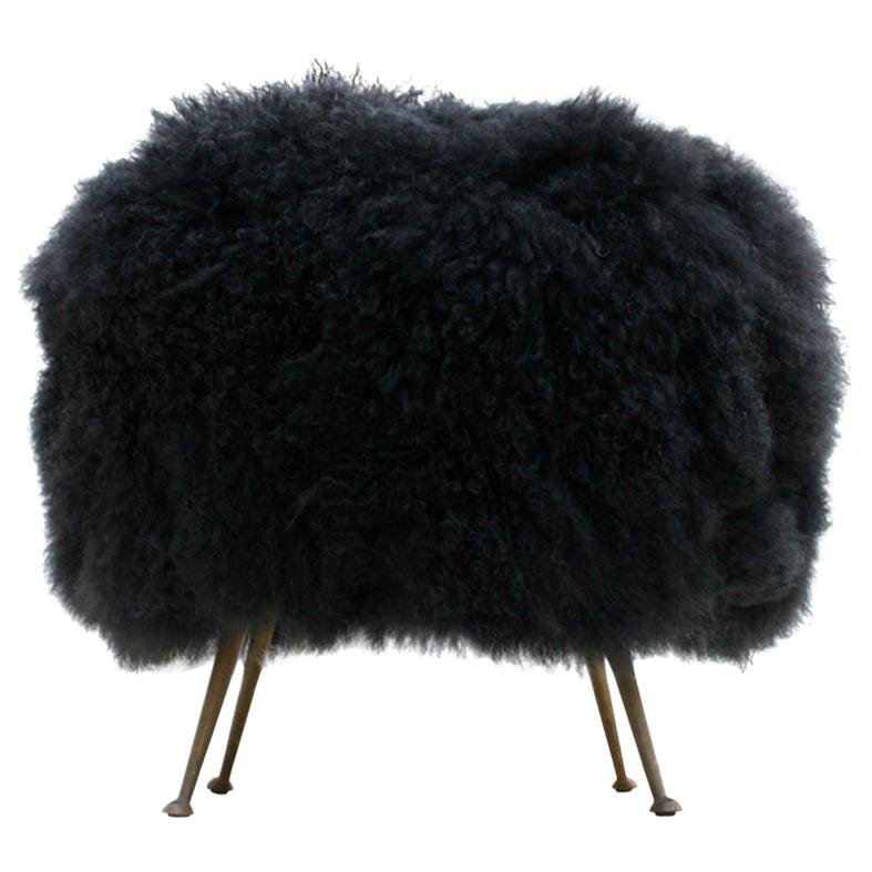 Mid-Century Modern Mongolian Goat Fur Round Footstool, Italy, 1950s