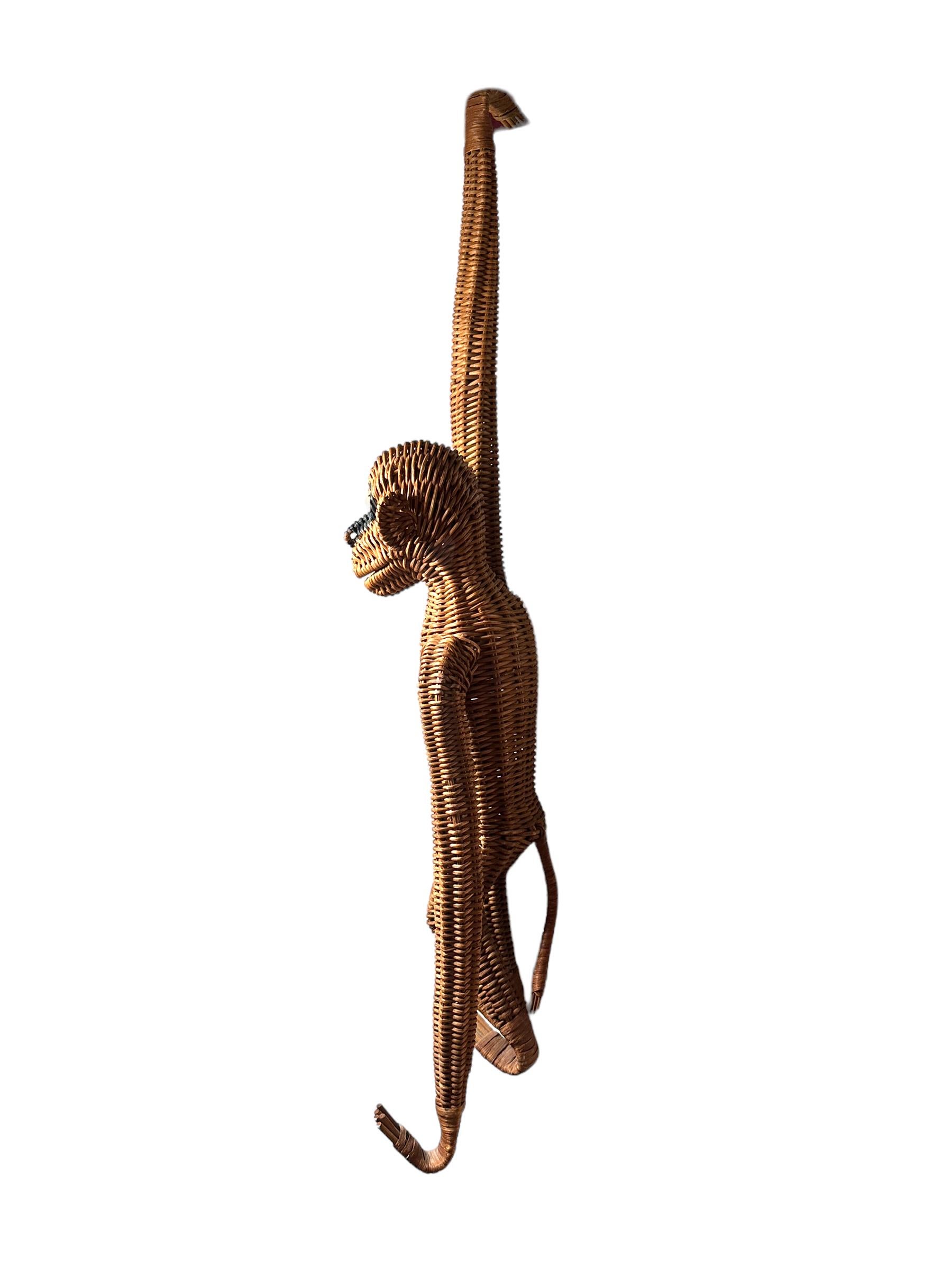 French Mid-Century Modern Monkey Ape Rattan Wicker Hanging Figure 1970s, France For Sale