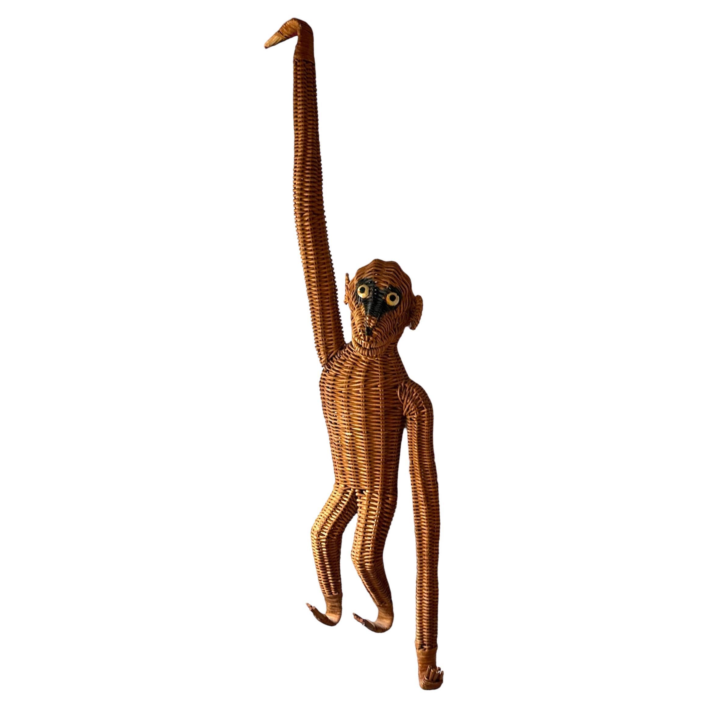 Mid-Century Modern Monkey Ape Rattan Wicker Hanging Figure 1970s, France
