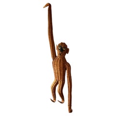 Antique Mid-Century Modern Monkey Ape Rattan Wicker Hanging Figure 1970s, France