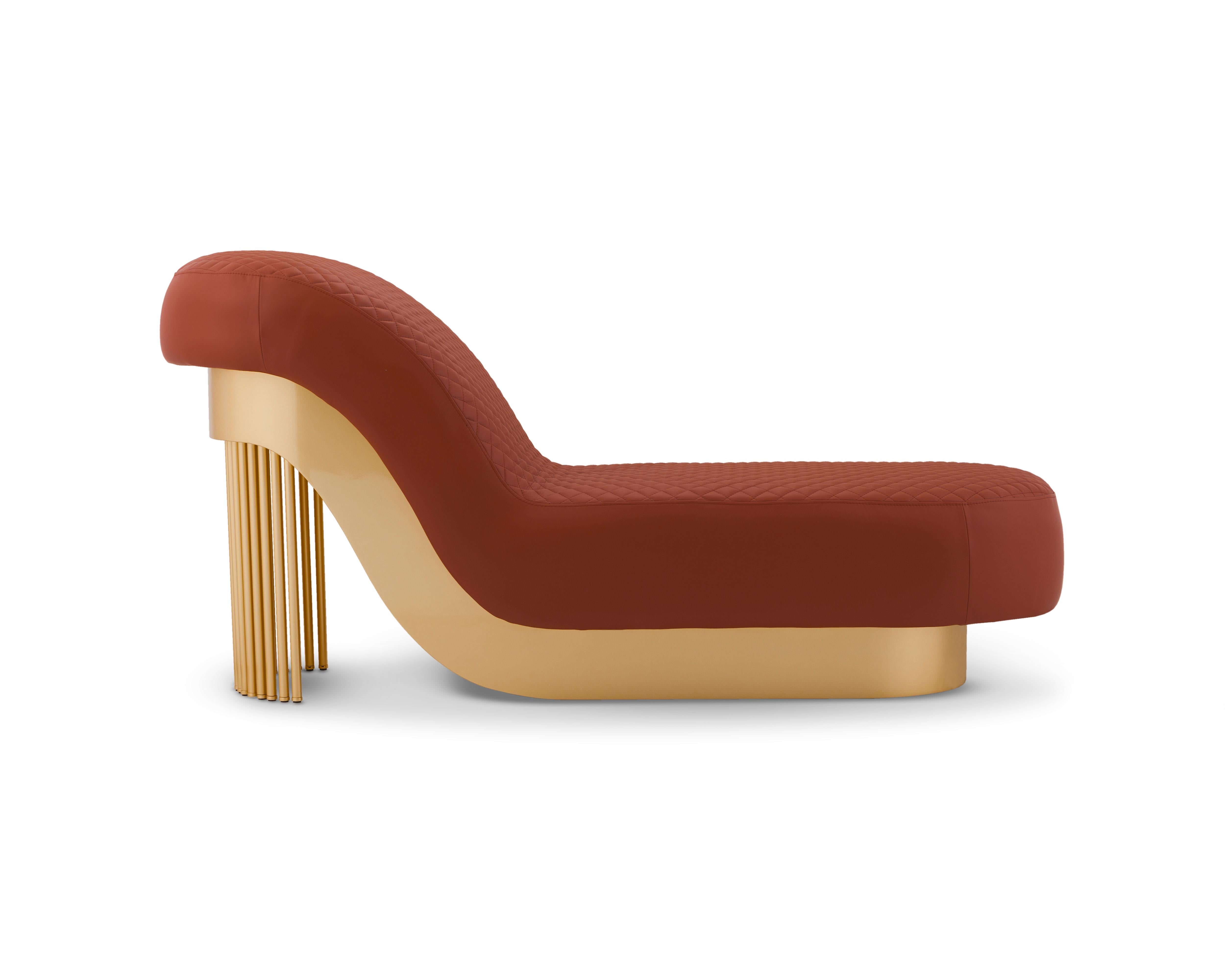 Mid-Century Modern Mons Daybed, Goldlack, Rotes Leder, Handarbeit Greenapple (Portugiesisch) im Angebot