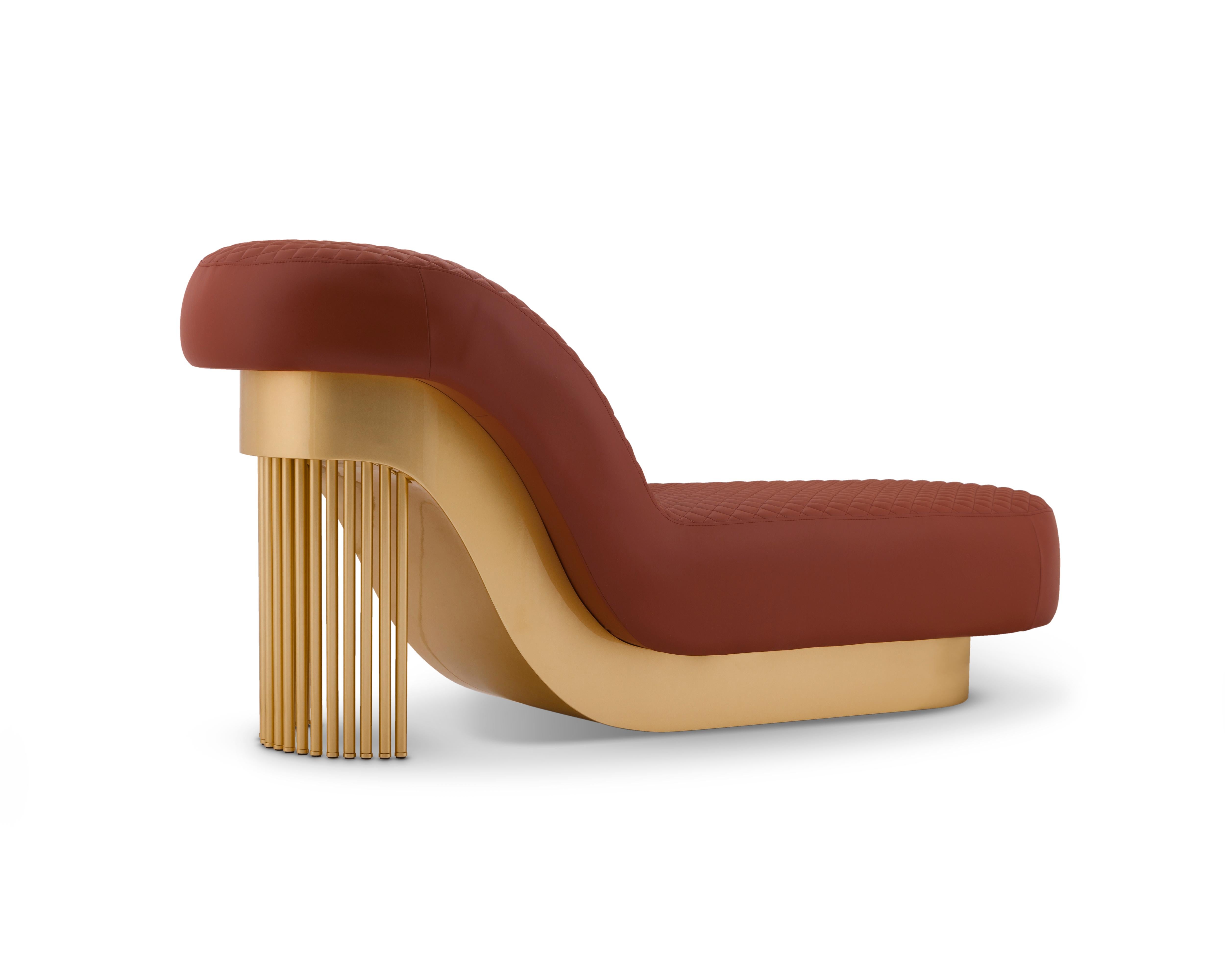 Mid-Century Modern Mons Daybed, Goldlack, Rotes Leder, Handarbeit Greenapple (Handgefertigt) im Angebot