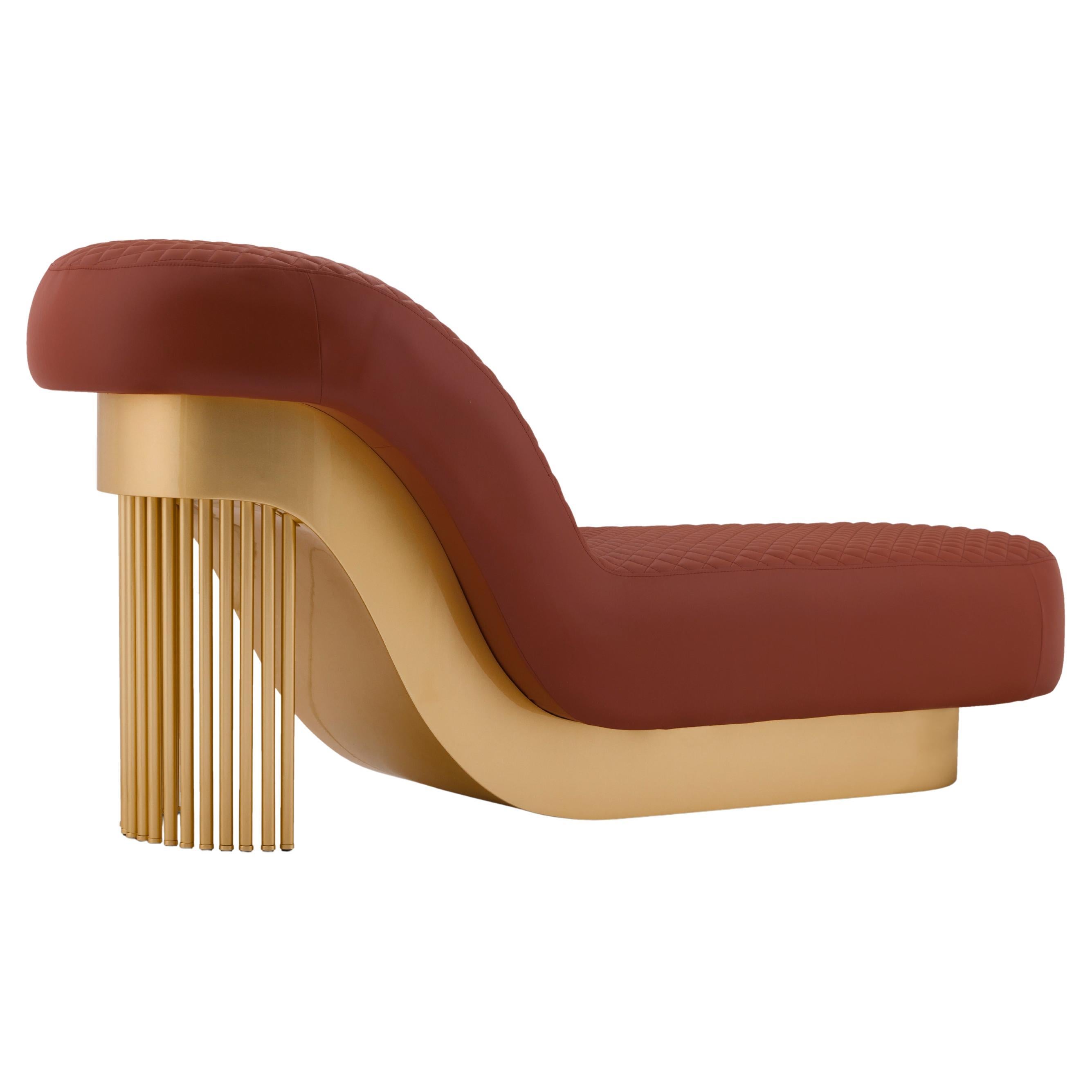 Mid-Century Modern Mons Daybed, Goldlack, Rotes Leder, Handarbeit Greenapple im Angebot
