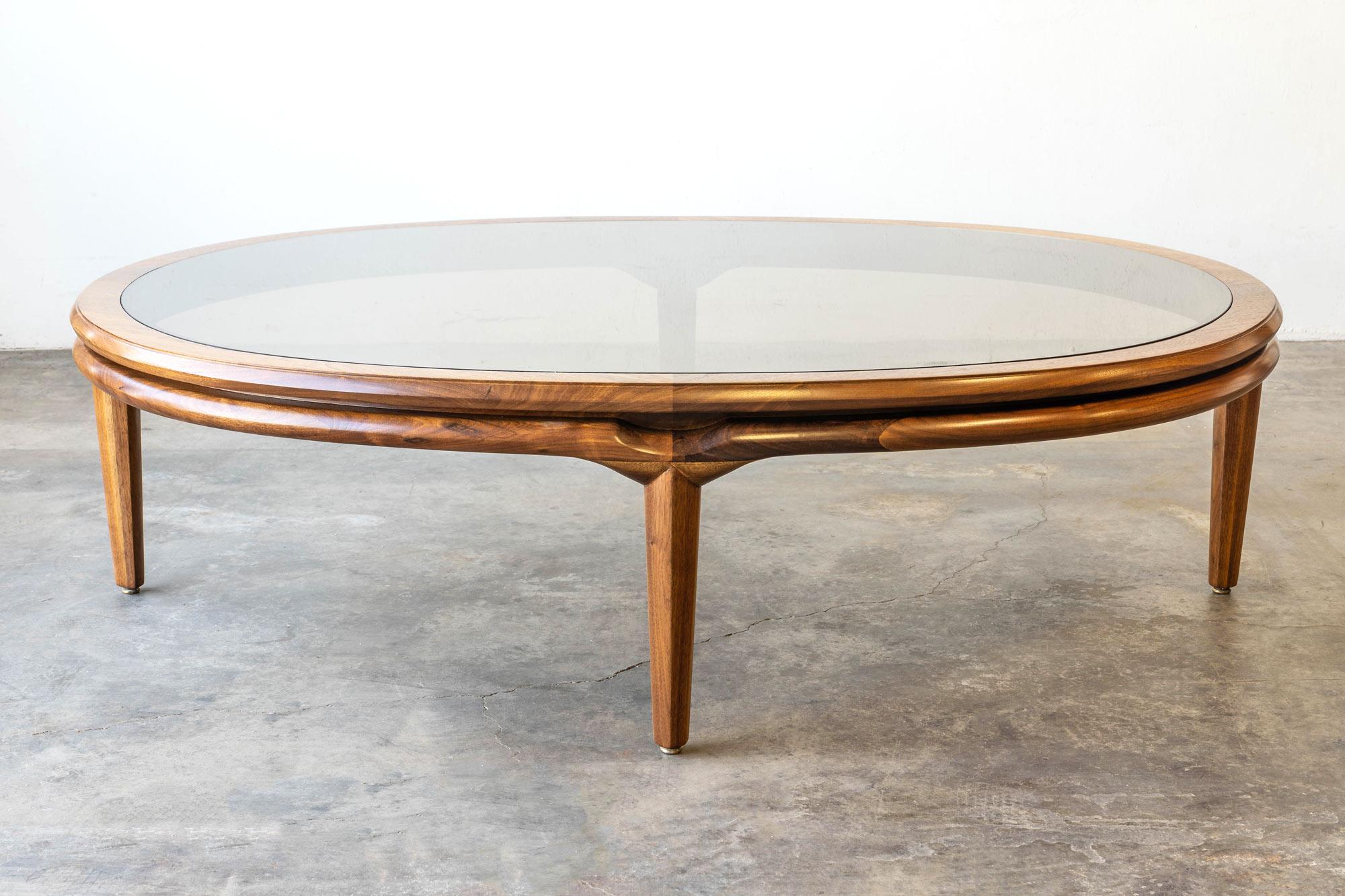 American Mid-Century Modern Monteverdi Young Smoked Glass Walnut Coffee Table For Sale