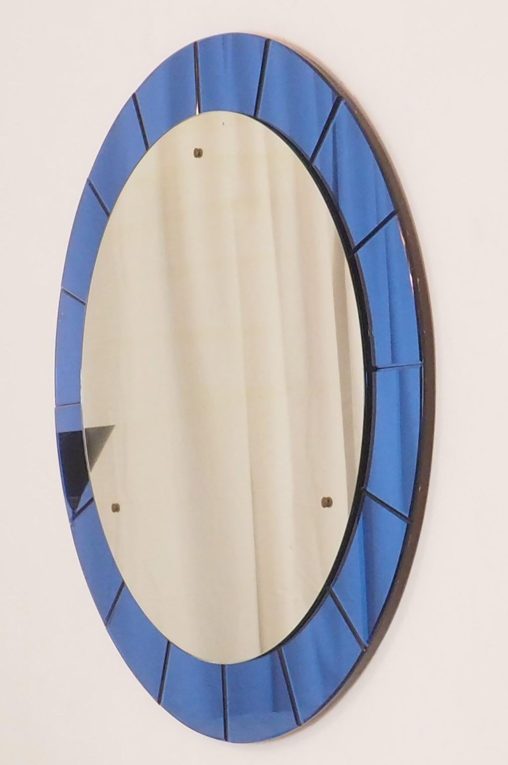 Beveled Mid-Century Modern Monumental Blue Round Wall Mirror by Cristal Arte, Italy 1950